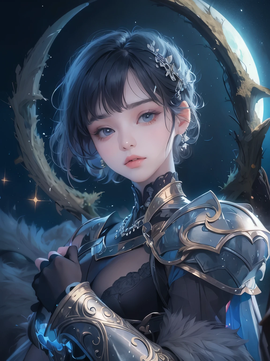 NSFW((masterpiece)), (((Best Quality))), ((Ultra-detailed)), (extremely detailed photo), ((extremely delicate and beautiful)),(Cute delicate face), ((masterpiece)), perfect anatomy, intricate, (highly detailed), masterpiece, photorealistic, (A 25 years old very dignified girl),(blue and black armor), (Castle with full moon night in the background) ,solo,short hair, looking at viewer, (holding glowing weapon), double eyelid,delicate skin,slender body shape,