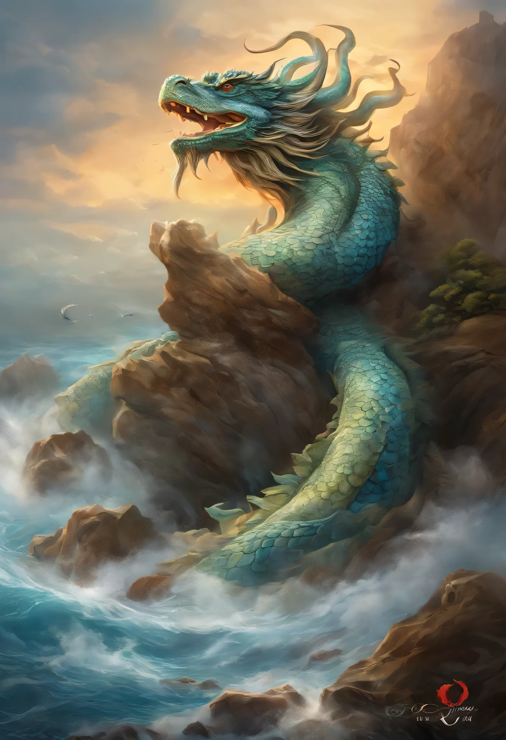 浮世绘风格 ocean报设计中的图形是血红色, 水墨画中的中国dragonturtle, 和dragon的组合, Red, as water god, 生活在北ocean, 控制ocean上雷暴, an ancient Chinese god, turtle, dragon, ocean, Stone, super sharp,Details are presented realistically,Xiangyun, depth of field, divine thunder, fantasy coloring, , Decorative Arts, stunning lighting, depth of field浅意, shiny, divine light, Ray tracing, super wide angle, First-person perspective,top down , width, ultra high definition, high quality, Very detailed, textured skin, best quality