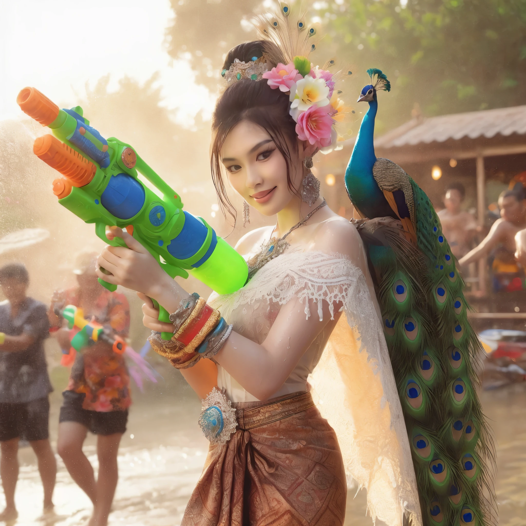 Create an image of a Thai girl wearing a floral Thai dress. Decorated with peacock tail Holding a large water gun together with a peacock looks beautiful. Having fun spraying water, standing shyly, getting wet, the scene is a Songkran festival in Thailand. There are groups of people splashing water having fun. Realistic images, spectacular images, beautiful lighting, wide angle images.