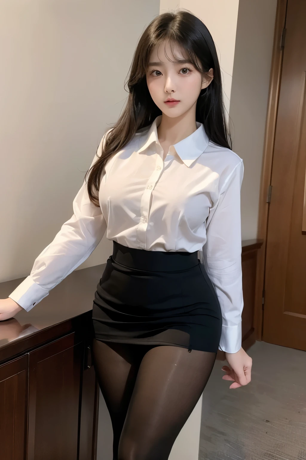 (((masterpiece))),(((high resolution)))、(((8K)))、(((perfect face)))、(((Korean beautiful girl)))、(((collared shirt)))、(business skirt)、(((tights)))、underwear is transparent、big breasts、Plump、embarrassed expression、looking at the camera、NSFW