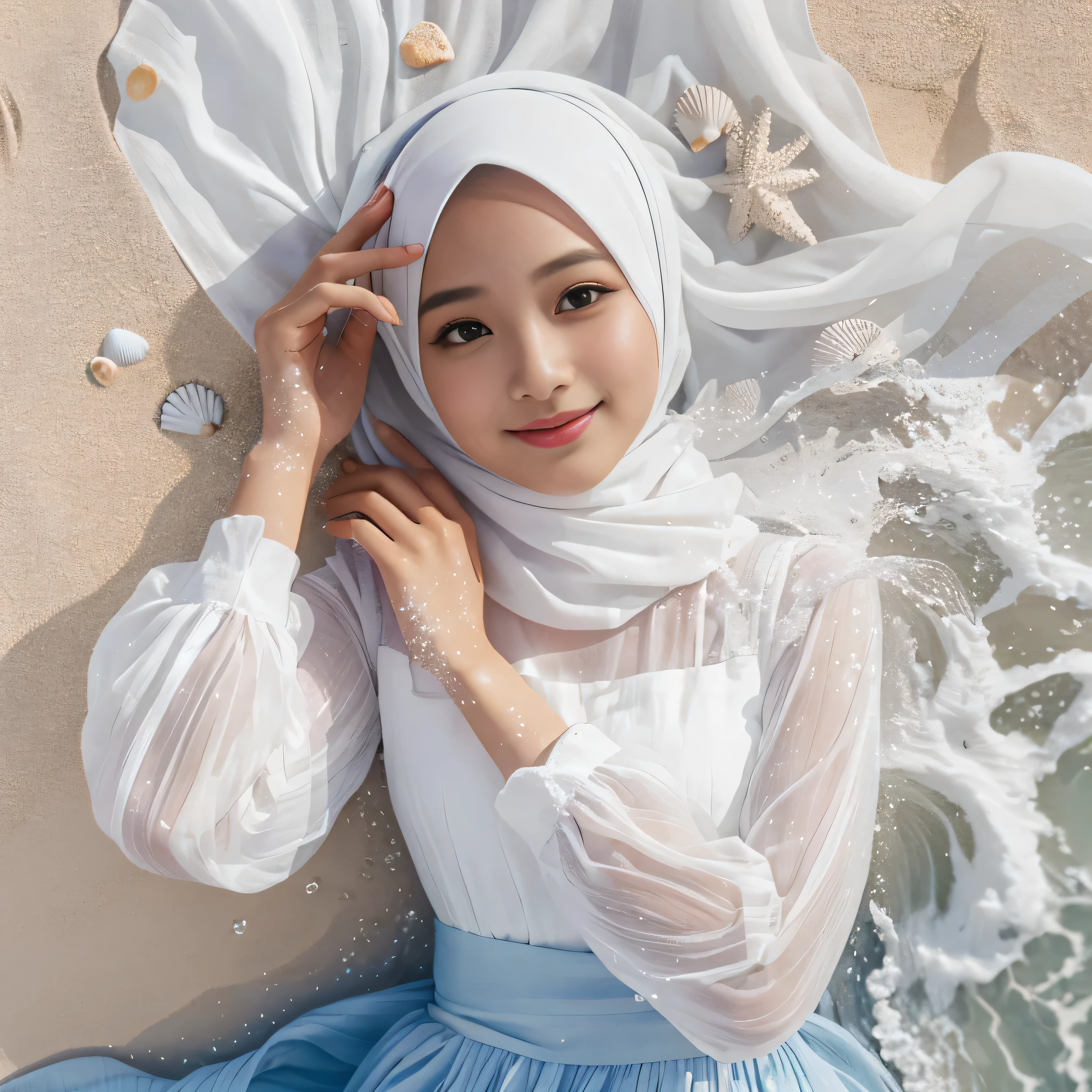 TYPE : Beauty Photography
THEME : Natural
RACE : Indonesian, young
PERSON 1 : Early 20s, woman hijab
SCENE : outdoor , a woman is lying on White sand beach , body and hair covered by sea waves, lie up , open eyes , smile , cute expression , surrounded by white sand and sea water, small shells. The person is wearing a white blouse and a light blue long skirt that full covers her legs, and their white hijab is spread out around them. , half body view , water effect , water splash
PROPS: white sand and sea water, small shells , long full closed skirt, white hijab made from shifon fabric
CAMERA : photographed using an Canon eos 90d DSLR camera with 18-135mm lens
, best preset lighting , skin texture , detailed face ,
ANGLE : angled from sky ,High Dynamic Range (HDR) shot , rule of third
adjust the gesture as in the example image