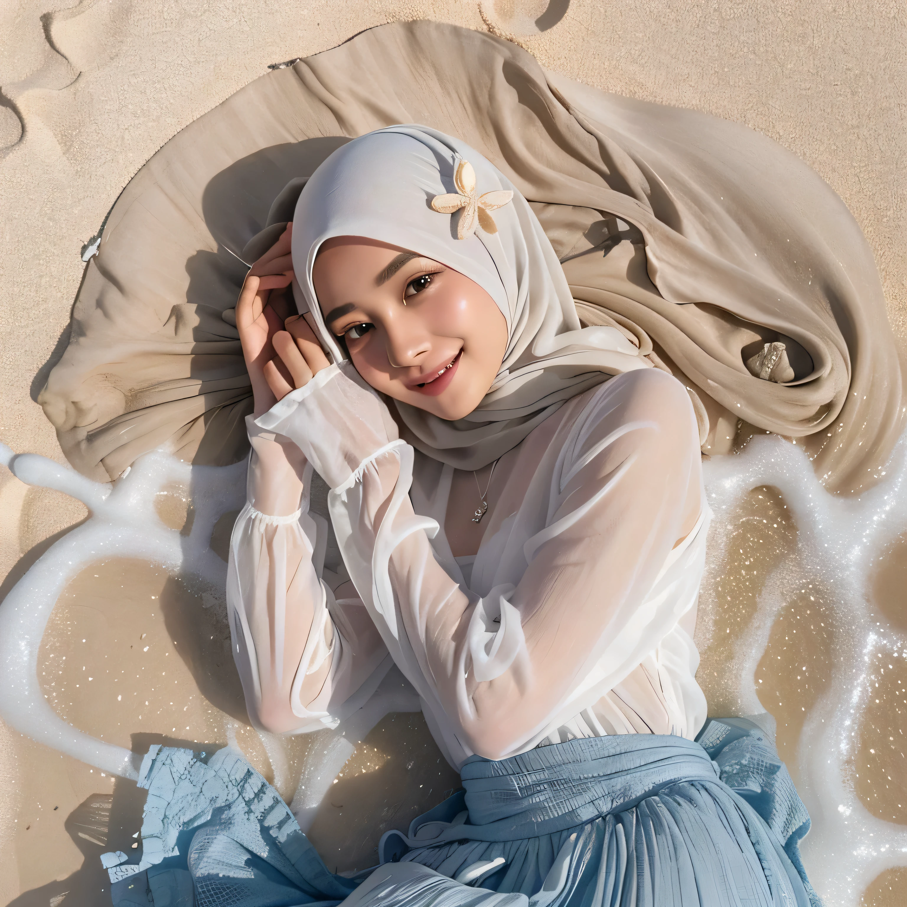 TYPE : Beauty Photography
THEME : Natural
RACE : Indonesian, young
PERSON 1 : Early 20s, woman hijab
SCENE : outdoor , a woman is lying on White sand beach , body and hair covered by sea waves, lie up , open eyes , smile , cute expression , surrounded by white sand and sea water, small shells. The person is wearing a white blouse and a light blue long skirt that full covers her legs, and their white hijab is spread out around them. , half body view , water effect , water splash
PROPS: white sand and sea water, small shells , long full closed skirt, white hijab made from shifon fabric
CAMERA : photographed using an Canon eos 90d DSLR camera with 18-135mm lens
, best preset lighting , skin texture , detailed face ,
ANGLE : angled from sky ,High Dynamic Range (HDR) shot , rule of third
adjust the gesture as in the example image