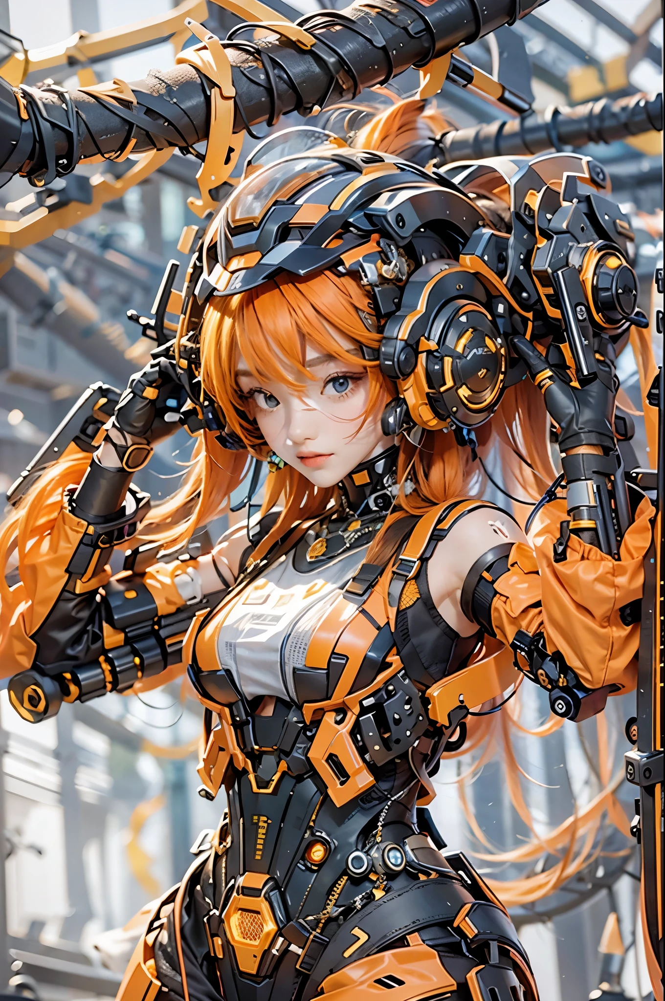 best quality,masterpiece,16k,1girl,Cyberpunk,headset,Mechanical earphones,Mechanical necklace,Orange gradient hair,Fragmented mechanical neck guard,Oblique side close-up,Black mecha,Full body mecha,Looking at the camera,Knitted fabric near the shoulders,Fragmented mecha,Technological background,Mechanical body,Super complex mechanical structure,Multiple light sources on the body,Orange long hair,indoor