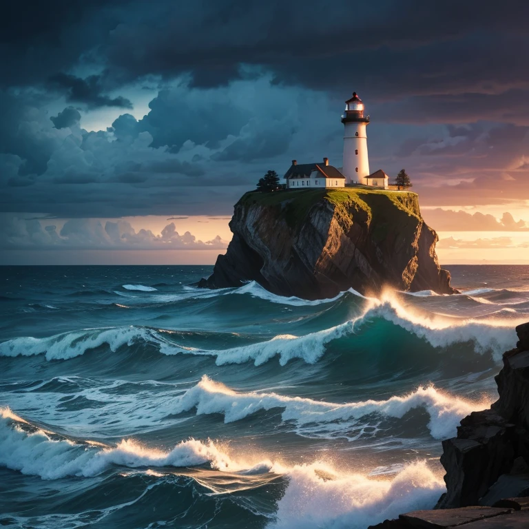 (lighthouse),vivid painting,seaside,stormy weather,high waves,rocky coast,sunset,glowing,beaming light,dramatic atmosphere,fading light,dark silhouette,crashing waves,stormy sky,striking view,solitude of the sea,splashing water,beacon of hope,naval history,maritime adventure,lit up darkness,emblem of strength,coastal beauty,seafaring,seclusion,serenity,eternal guardian,illuminated coastline,steady beam,tranquil horizon,majestic tower,constant vigilance
