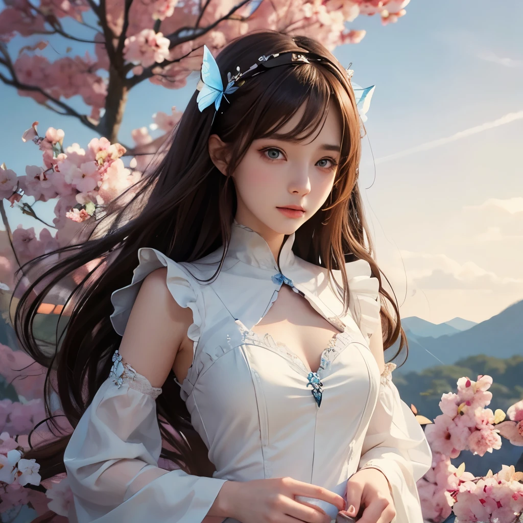 anime girl with blue eyes and white dress holding a butterfly, in dress, cute anime waifu in a nice dress, splash art anime , ross tran style, anime art wallpaper 8 k, anime style 4 k, cushart krenz key art feminine, anime moe artstyle, reddish-brown hair anime girl with long hair, trending on artstation pixiv