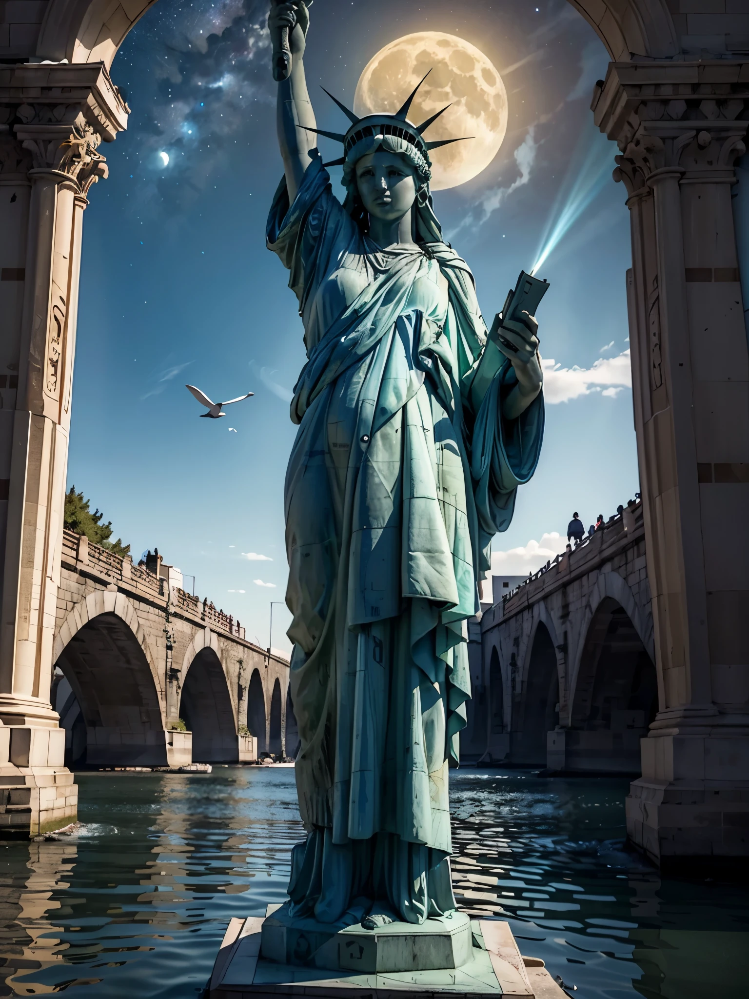 a colossal bottle which contained a majectic lake and lady-liberty,  very high quality and Very detailed scene , Octane render, Starry Sky , Dreams , Giant green Moon , Vaut of heaven , Inspiration, Imagination  