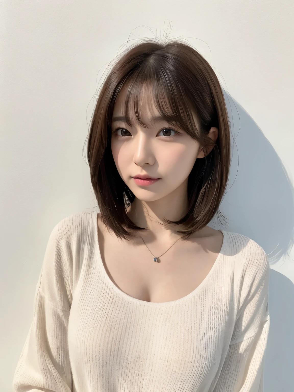 (Highly realistic photos, High resolution, detailed face, fine eyes), ((Taken in front of a white wall))、japanese woman, 40 years old, various expressions, alone:1, slim figure, different hairstyles, casual clothes, Only one person appears in the photo、long sleeve dress、Photographed in natural light、simple necklace、spring clothes、don't look at the camera、profile、dark brown hair color、bob hair、Hands are not visible