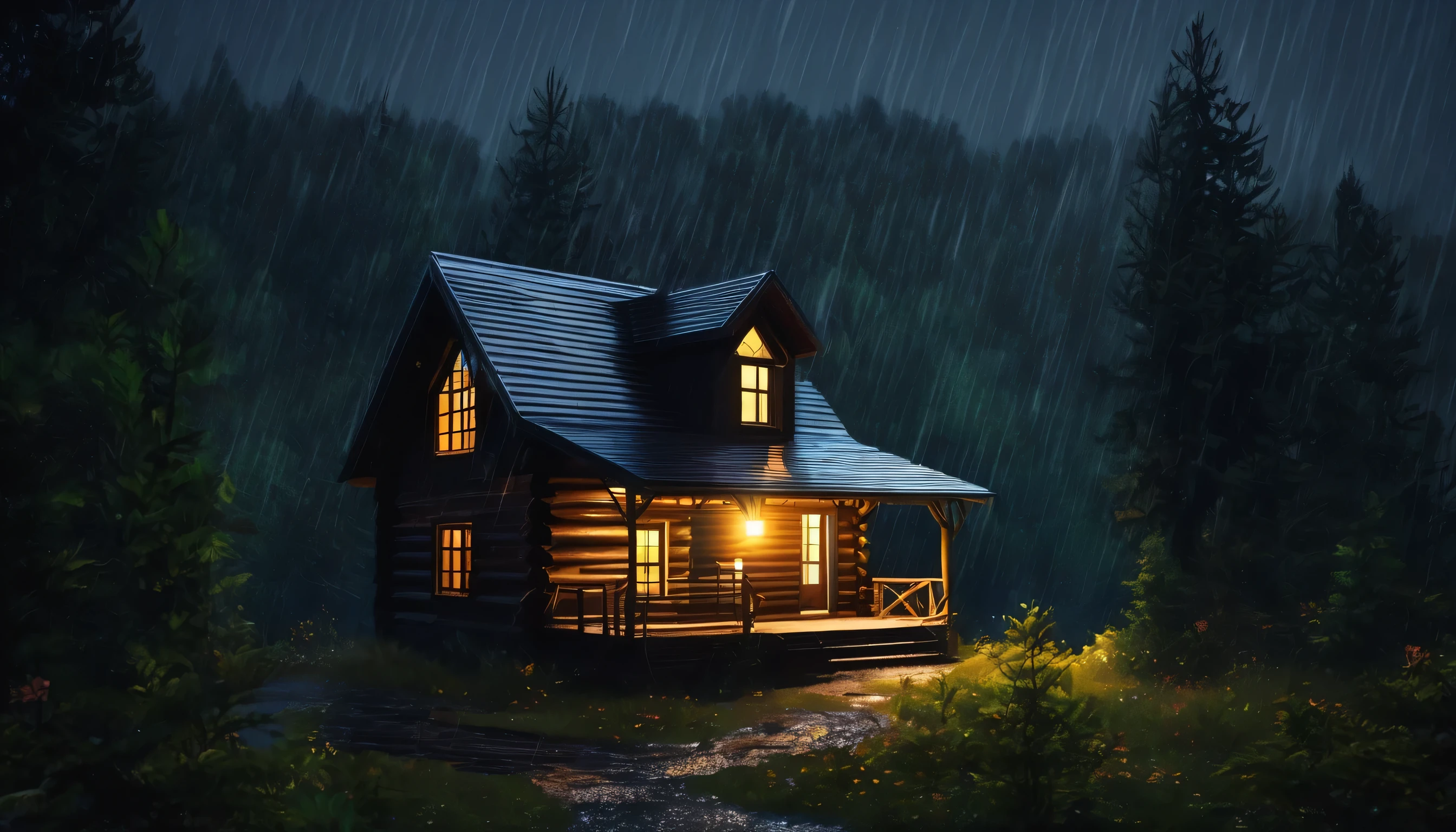 Beautiful cabin in the forest and heavy rain in dark night