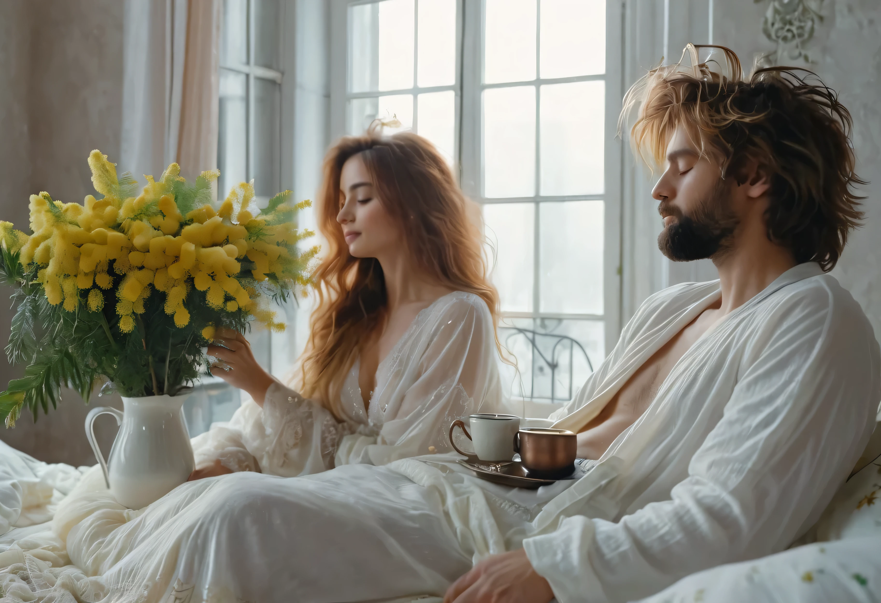 In a small bright room, a beautiful woman sits on the bed, sleepy woman, In a peignoir, with disheveled hair, a man hugs her from behind, there is a huge bouquet of mimosa on the table by the window, there is a copper coffee maker, hot coffee with creamy foam in a porcelain cup, High detail, Cinematic scene