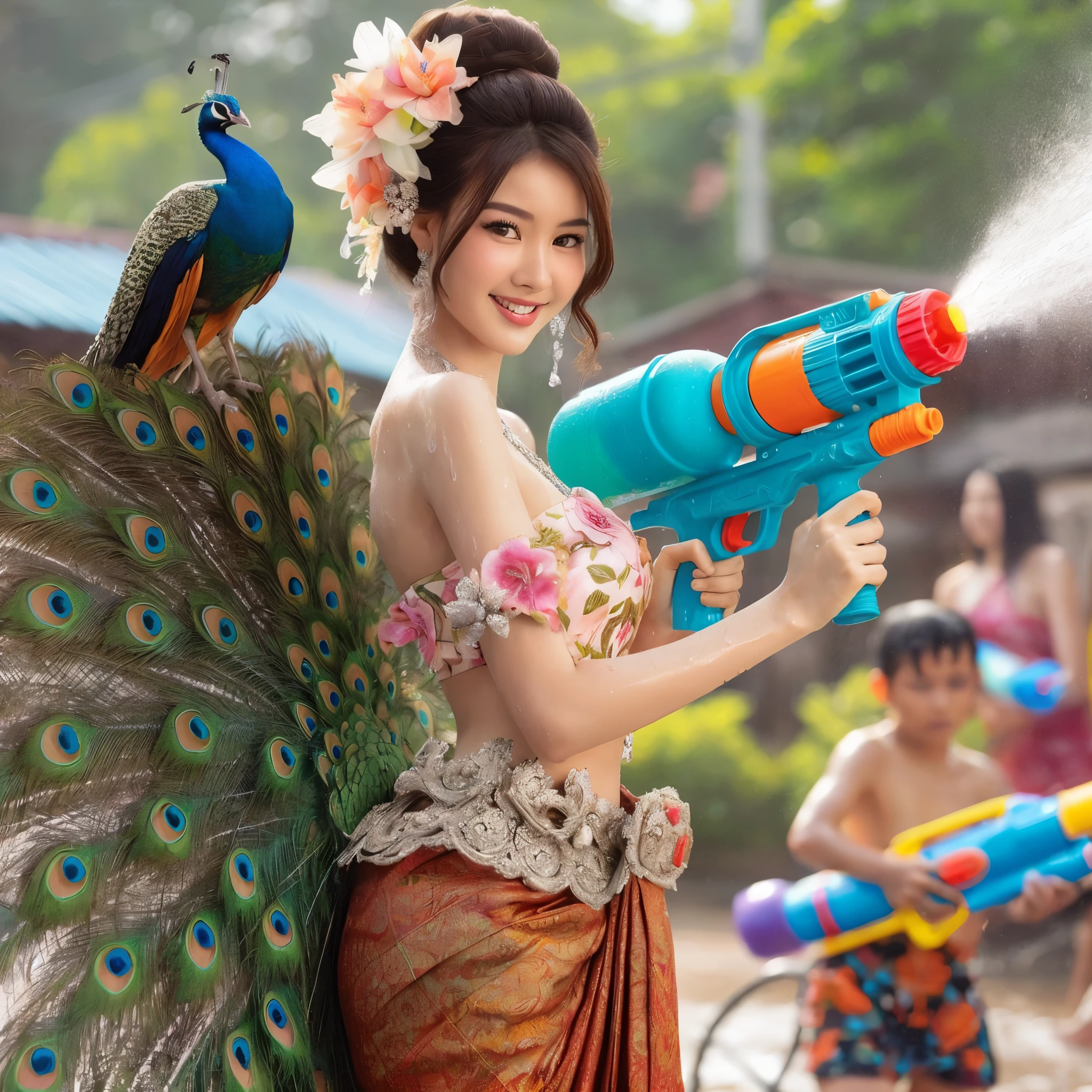 Create an image of a Thai girl wearing a floral Thai dress. Decorated with peacock tail Holding a large water gun together with a peacock looks beautiful. Having fun spraying water, standing shyly, getting wet, the scene is a Songkran festival in Thailand. There are groups of people splashing water having fun. Realistic images, spectacular images, beautiful lighting, wide angle images.