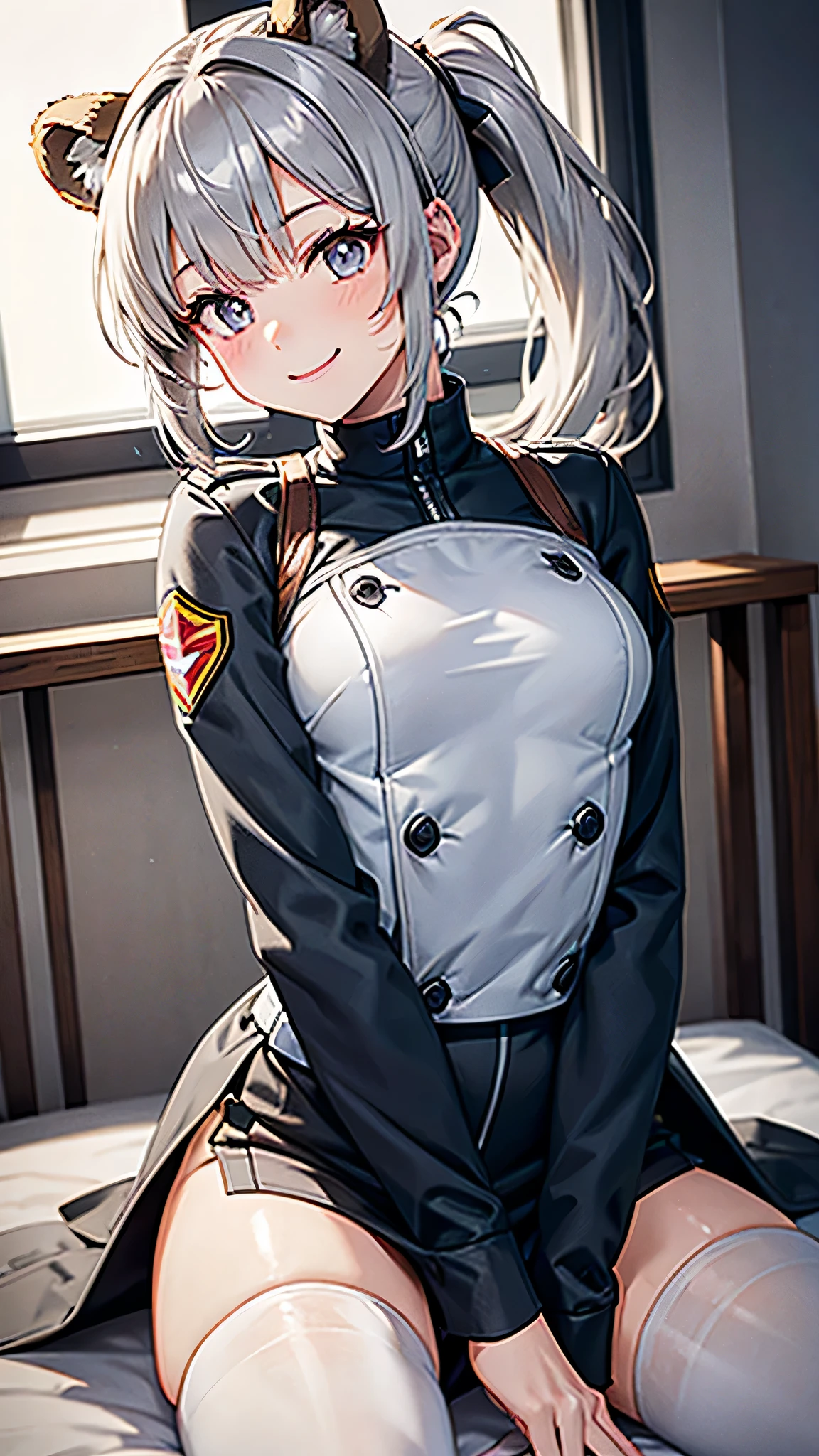 Silver single ponytail，Brown bear ears，Pale gray pupils，small breasts，Lovely，elder sister，combat uniform，Smile