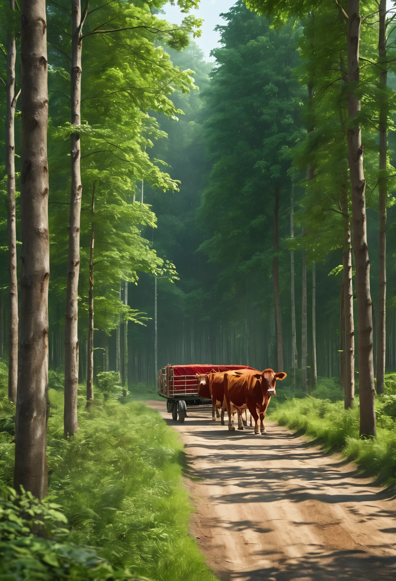 The picture shows the whole body, from a distance until the surrounding forest can be seen, two red cows, helping to pull a cart in the forest, a large canvas covering the entire cart (there are no people in the picture )The background is a forest of tall, dense trees that fill the entire area. The picture is realistic.--ar 16-9 size.