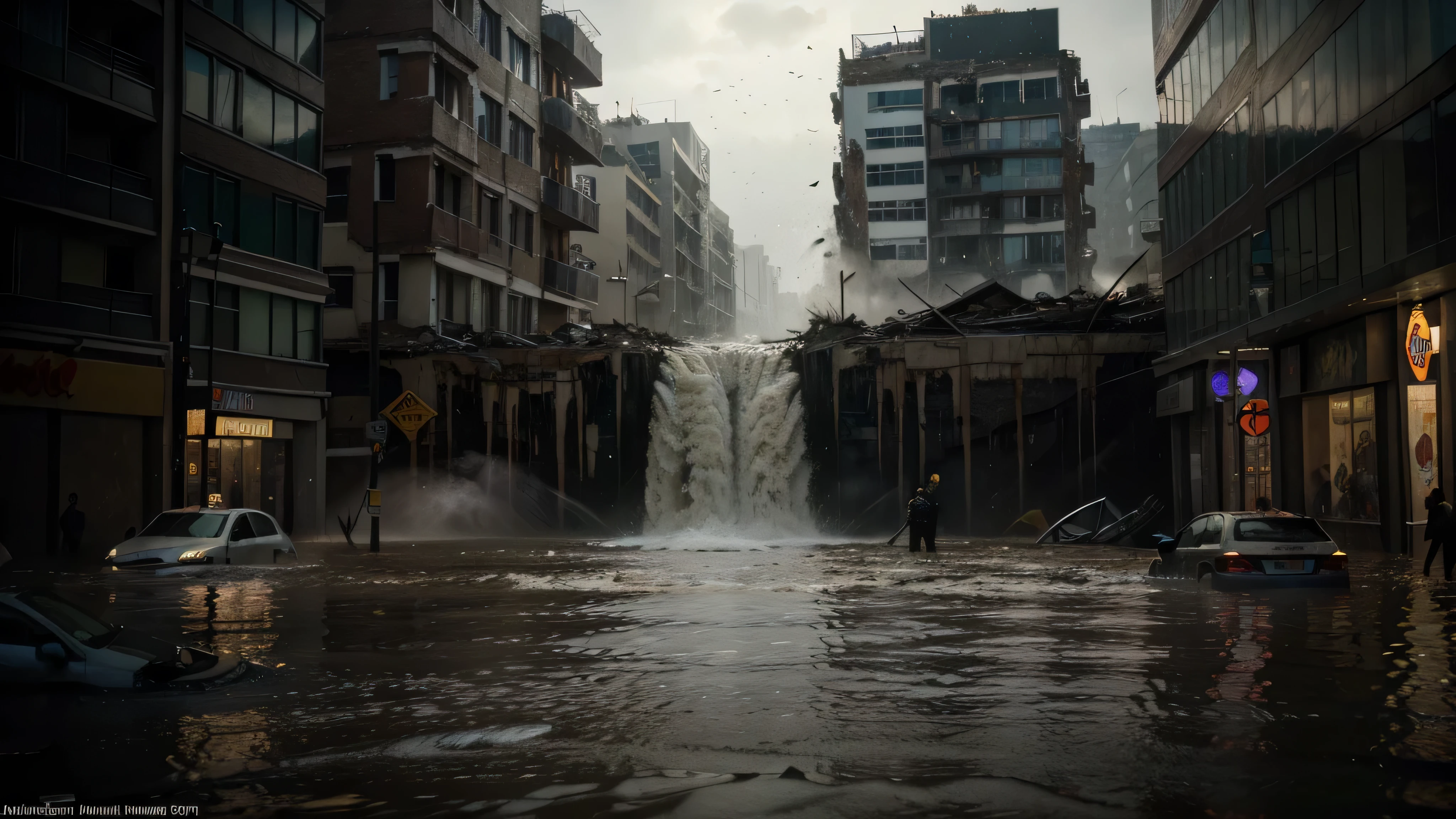 (Shot in 8K, Raw-Photo, best quality, masterpiece:1.2), A stunning photo of a city submerged in a catastrophic flood, capturing the raw power of nature's fury. The image depicts the aftermath of a torrential downpour, with water gushing through the streets and buildings partially submerged. The composition is meticulously framed, highlighting the chaos and devastation caused by the deluge. The intricate details of the submerged architecture, water cascading down walls, and floating debris add to the realism and sense of awe. The high-resolution captures every nuance and texture, immersing the viewer in the scene. The cinematic quality of the image is enhanced by the theatrical lighting, emphasizing the dramatic contrast between light and dark