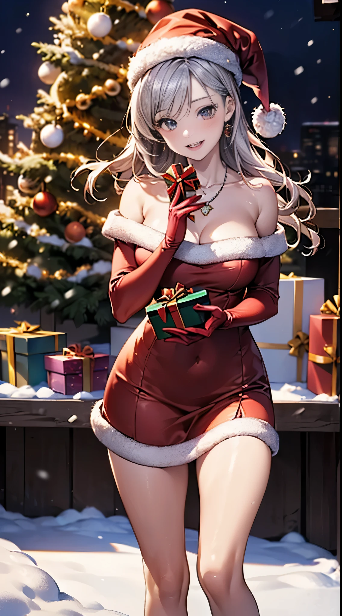 ((((perfect anatomy, super dense skin)))), 1 girl, Japanese, , shiny skin, medium breasts:0.5, looking at the scenery,
beautiful hair, beautiful face, Beautiful and detailed eye idol hair:1.4), silver hair,
beautiful clavicle, beautiful body, beautiful breasts, beautiful thighs, beautiful feet, baby face,
((metallic red santa claus hat, Metallic Red Off Shoulder Santa Claus Mini Dress, white fur cuffs, white long gloves), Christmas necklace), seductive thighs, ,
(smile:1.5, open your mouth), walk, ((holding a gift box:1.5)),
(beautiful scenery),winter, midnight, Christmas, outdoors, garden, (Christmas tree), illumination, snow, snowfall:1.5,
(8k, highest quality, masterpiece:1.2, very detailed), (realistic), beautiful illustrations, cinematic lighting,