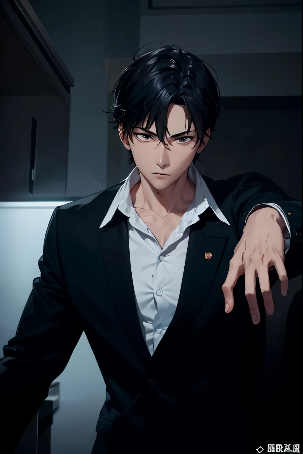 comic style，Flat coating，Classical painting method，Line strokes，Danger，Suit，shirt，Veined hands，Wear a ring on your hand，gaze，Handsome，vampire，young face，年轻Handsome的男人