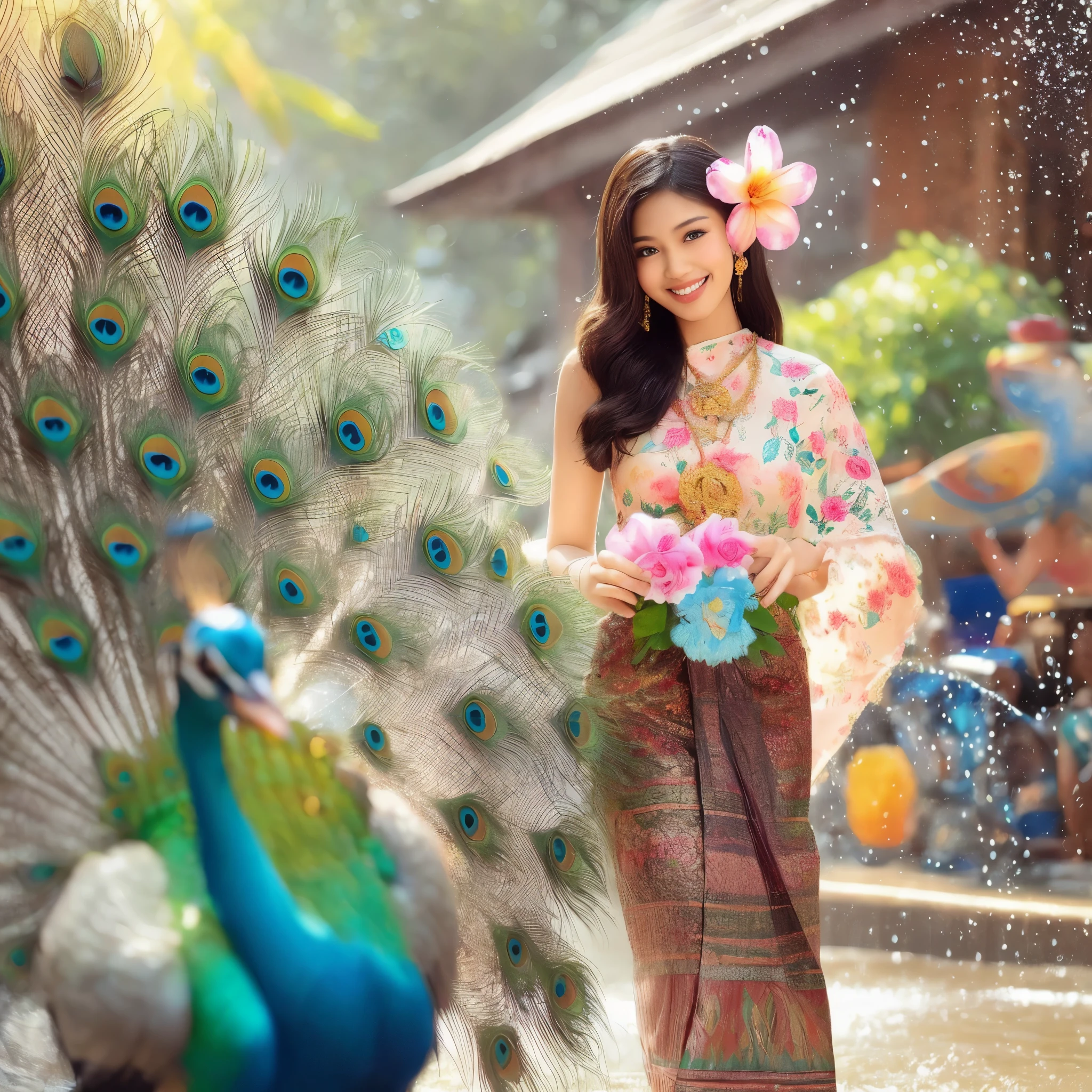 Create an image of a Thai girl wearing a floral Thai dress. Decorated with peacock tail Holding a large water gun together with a peacock looks beautiful. Having fun spraying water, standing shyly, getting wet, the scene is a Songkran festival in Thailand. There are groups of people splashing water having fun. Realistic images, spectacular images, beautiful lighting, wide angle images.