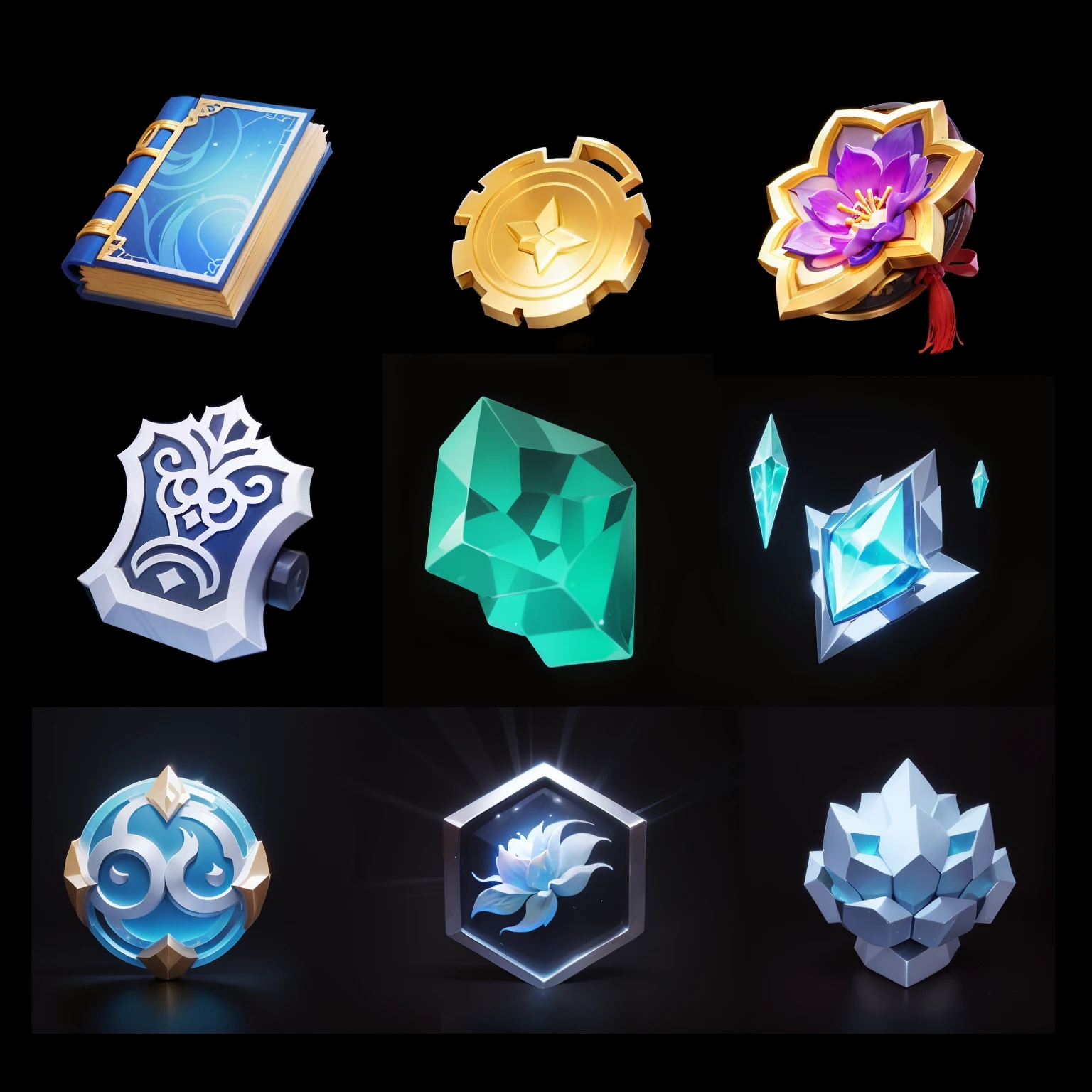 Close-up of a bunch of different items on black background,(( Chinese style))ability image, game icon资源, game icon, League of Legends inventory items, proper style, character icon, 程式化的game icon, object art, league of legends style, mysterious art style, Asset package, game assets, Super detail on every object, Enhance