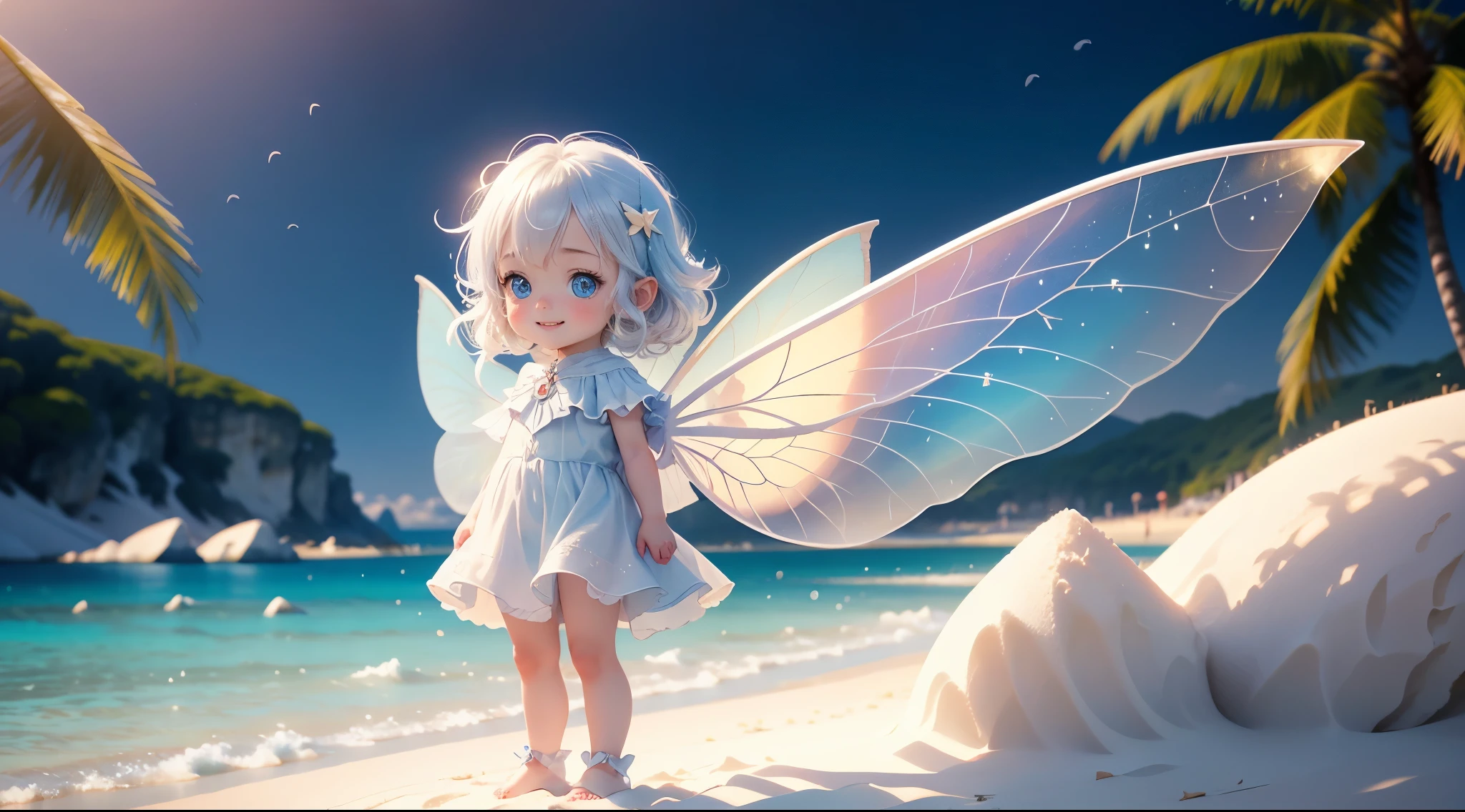 masterpiece、highest quality、highest resolution, 3D rendering、(seaside，white sand beach:1.5)、The bright background has a light blue taste、from diagonally above、(standing:1.5)、(Too cute smile:1.4)、Digital Art Style Baby Chibi, big head, cute light blue eyes, My eyes sparkle、Full body Esbian、Pure、light blue fairy costume、(translucent fairy wings:1.5)、detailed、cute pose，rosy cheeks，Precise，Niji，fantasy，sharp focus，cinematic lighting，(film grain，blurred background，blurred foreground，Bokeh，Depth of the bounds written，motion blur:1.3)