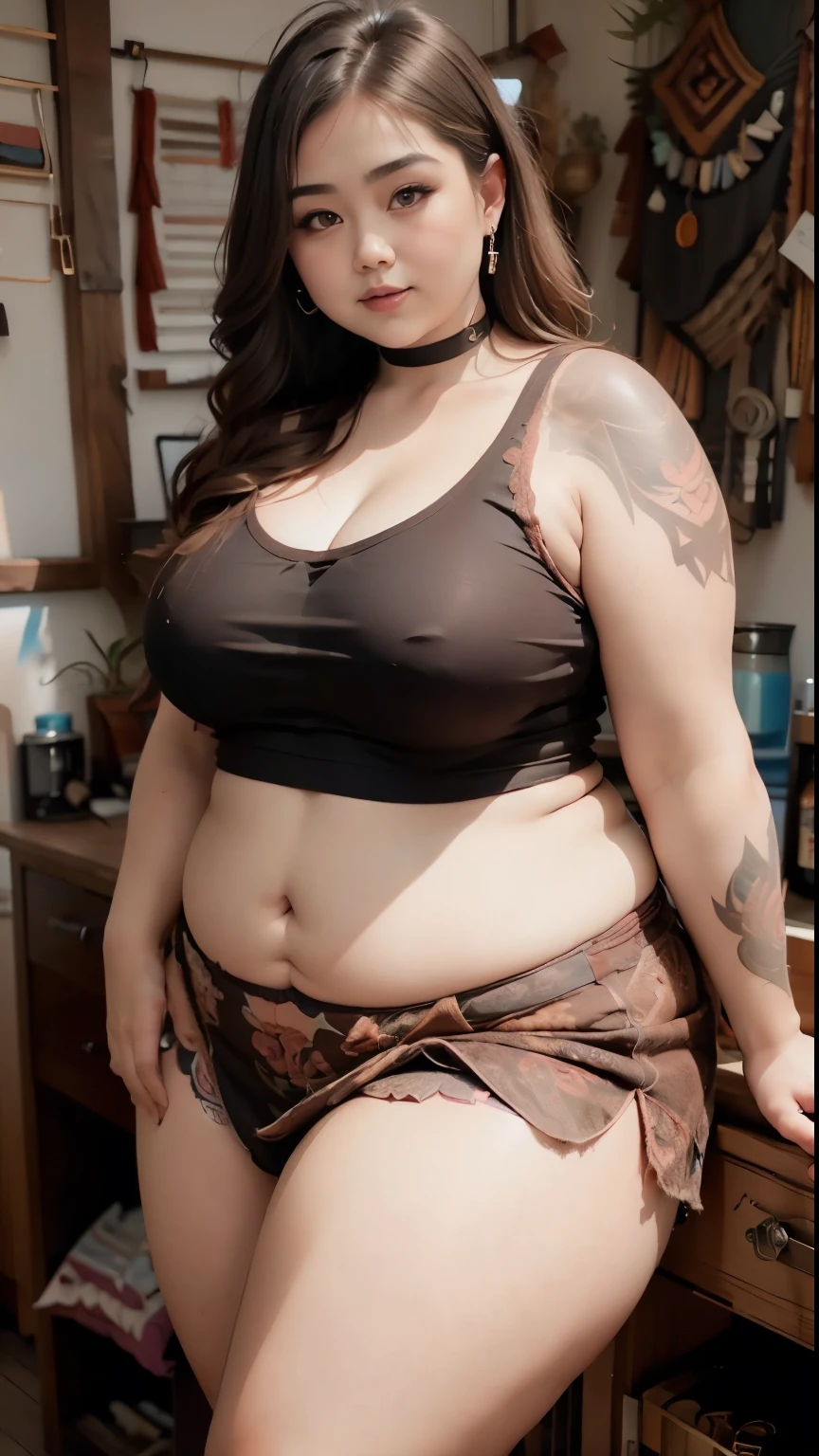 there is a woman posing in a dark room with a maroon dress covered her belly , thick body, beautiful thick female, wide hips, thick legs, she has a jiggly fat round belly, thick thighs, curvy hourglass figure, thicc, curvy model, widest hips, hyperrealistic full figure, bbwchan, voluptuous body, thick, , ((Chubby woman:1.lump woman:1.3)), full body , , ((Detailed texture of tattooed skin)), tattoo round breasts, irezumi tattoo style, tattoo on breasts, tttattoo, showing her thigh , tattoo on thigh,