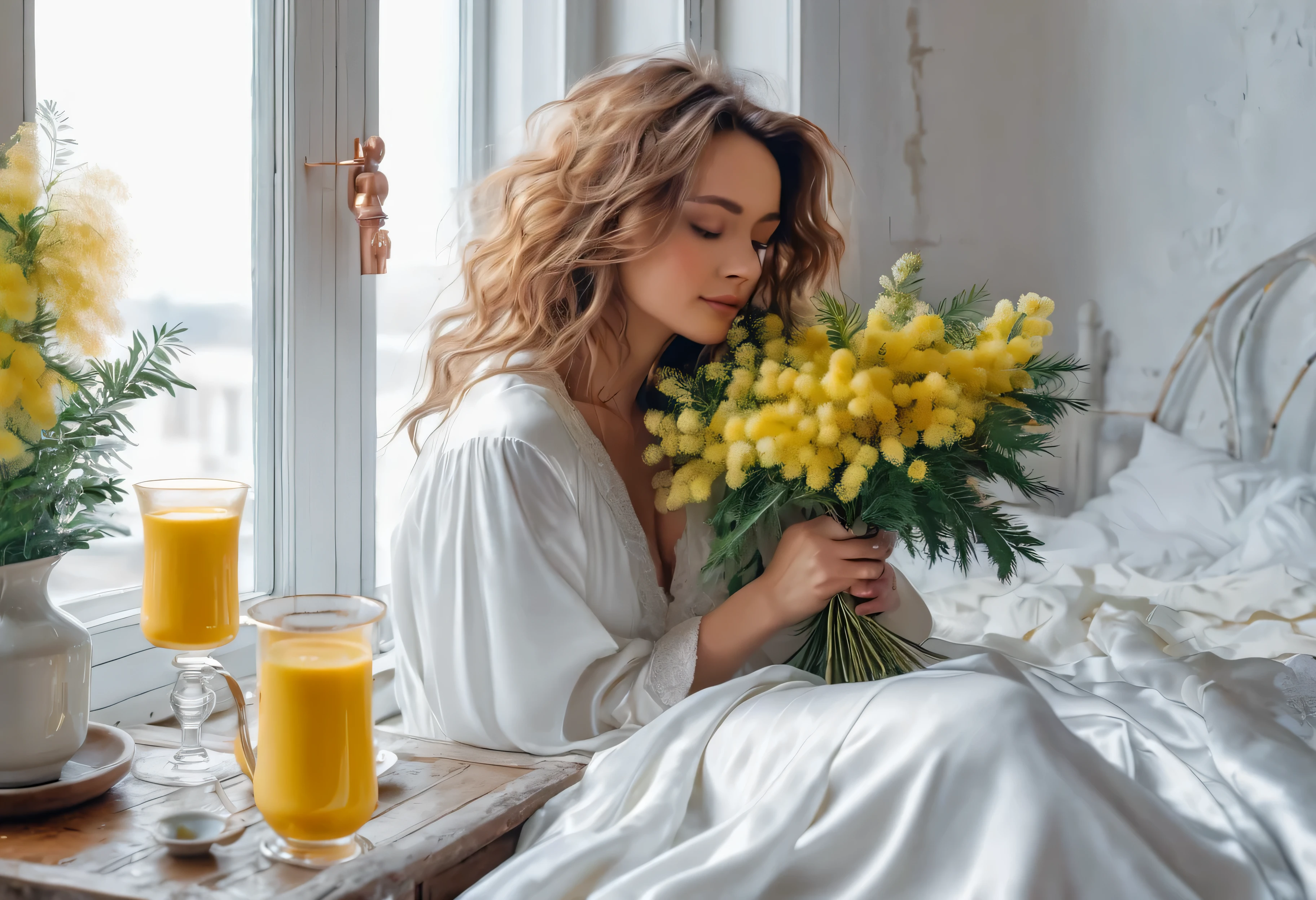 In a small bright room, a beautiful woman sits on the bed, sleepy woman, In a peignoir, with disheveled hair, a man in a suit hugs her from behind, there is a huge bouquet of mimosa on the table by the window, there is a copper coffee maker, hot coffee with creamy foam in a porcelain cup, High detail, Cinematic scene