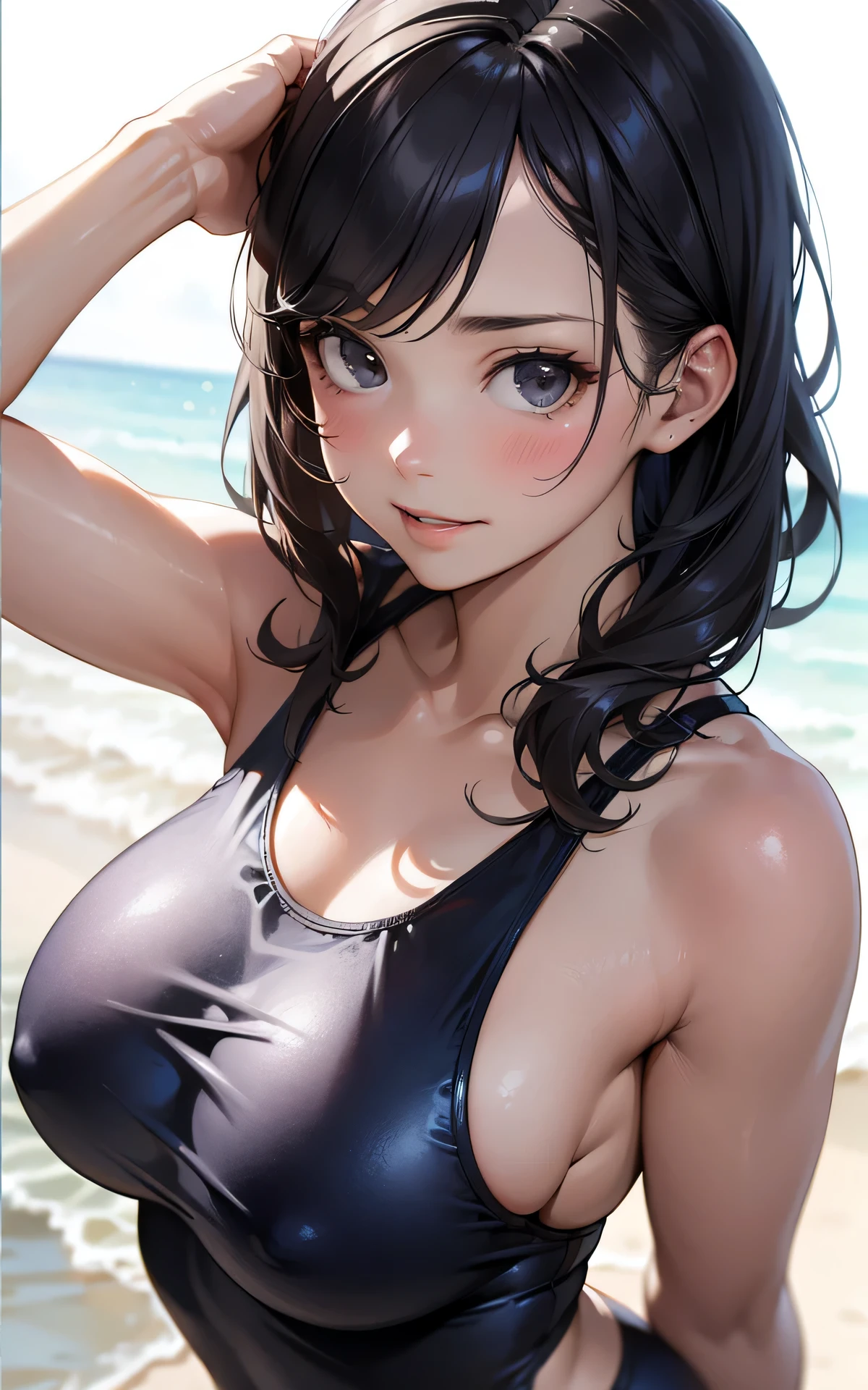 absurderes:2.0、dramatic angle、(old school swimsuit、from above:1.6, )、realistic, Unity 8K Wallpaper, Masterpiece, Realistic face, Realistic skin feeling ,detailed hair, highly detailed, realistic glistening skin, Cute Girl, Perfect face, charming face, Glossy skin, big brest、embarrassed、gray hair, black eyes, smile, raise your arms