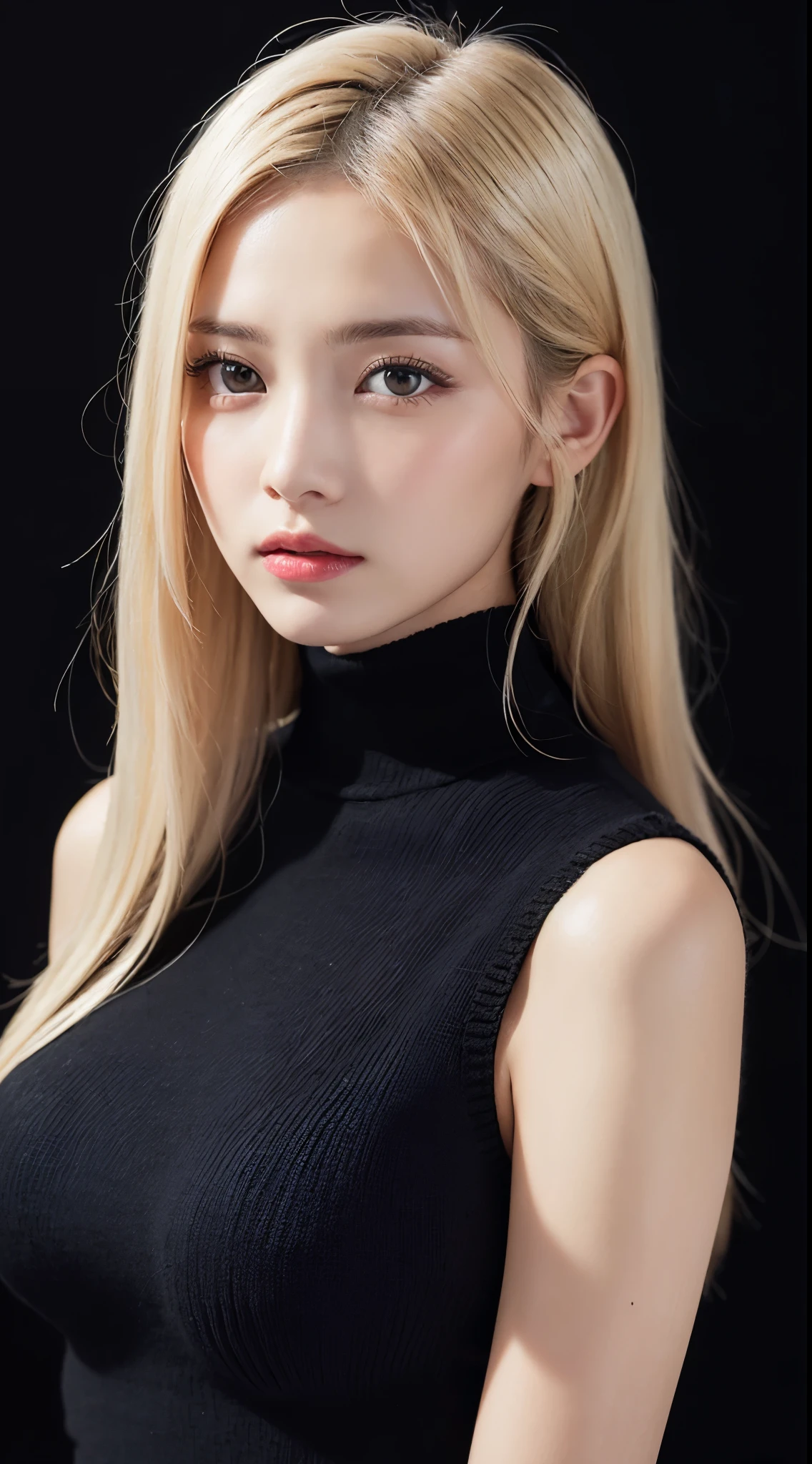 ((((black background、black clothes、face forward、Nordic、high neck、knit dress、big breasts、long hair)))))))、blonde、(((blonde)))、masutepiece, Best Quality, Photorealsitic, finely detail, hight resolution, 8K Wallpapers, Perfect dynamic composition, Beautiful detailed eyes, Medium Hair, large full breasts、Resort scenery、24 year old、(Drooping eyes 1.4)、Adult beauty、japanes