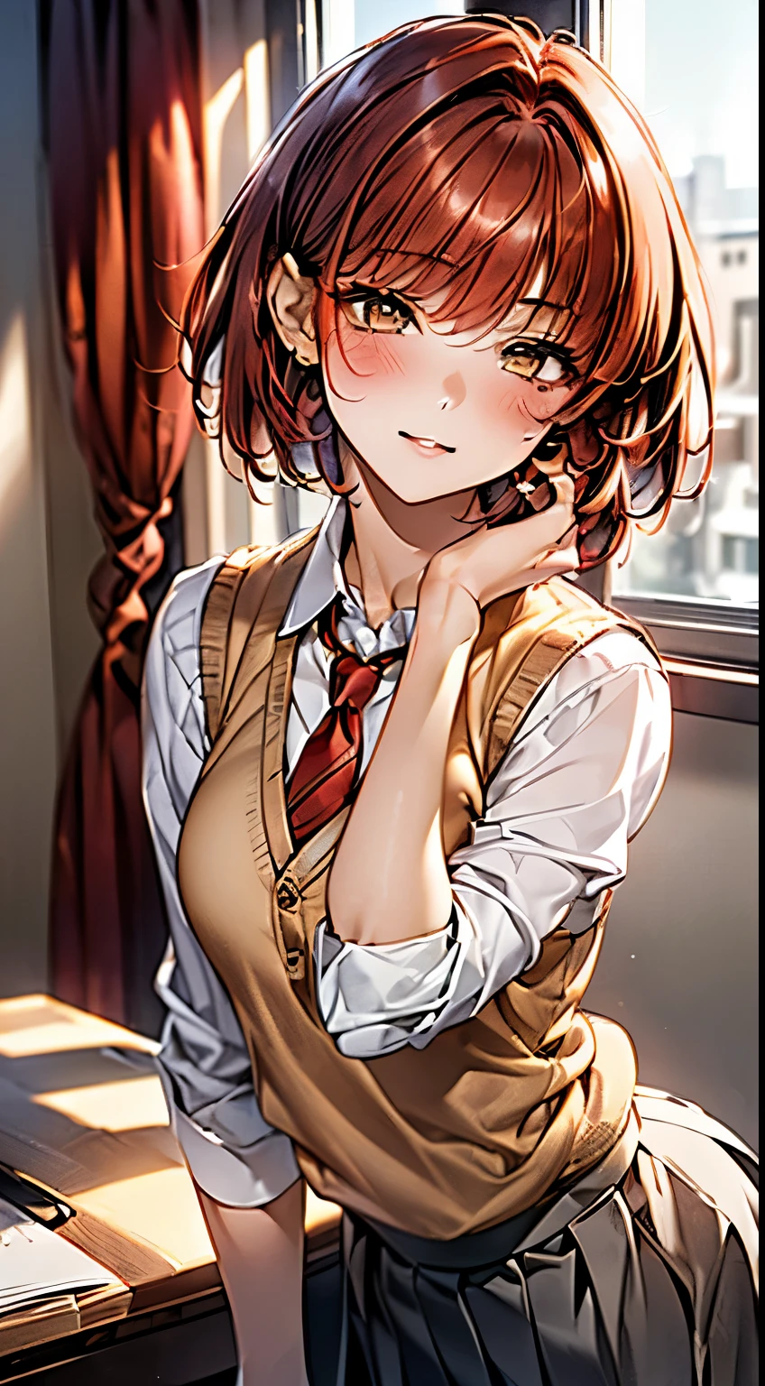 highest quality、best image quality、masterpiece、table top、elaborate design、visual art、　(table top, highest quality, High resolution, , perfect pixel, 4k,), 1 girl, single, alone, Beautiful woman、I could see the whole body, ((detailed face, blush:1.2)) medium breasts, dynamic angle, perfect body, 
((short hair:1.9, red hair:1.6)), (flowing bangs, golden eyes, long eyes:1.4, small eyes, long eyelasheedium breasts), 
((fine fabric texture, light brown cardigan vest:1.4, Light grey pleated skirt, white collared shirt, dark red tie)), 
(beautiful scenery), daytime, (school classroom), Are standing, (closed mouth), 
