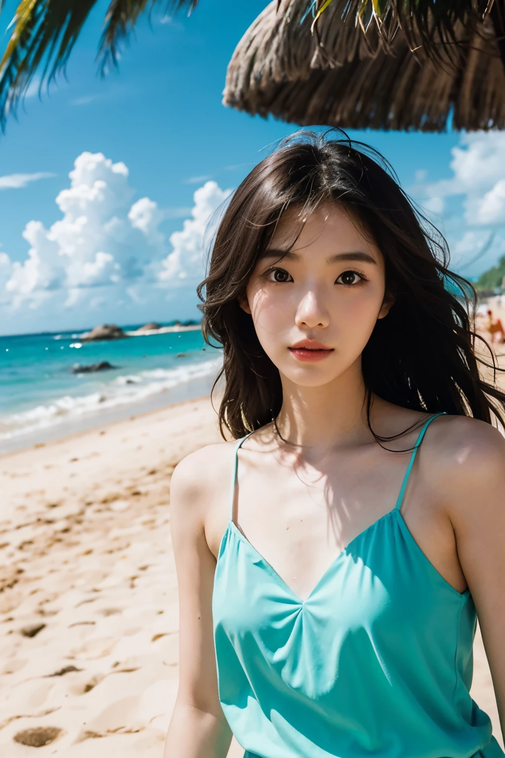（photorealism：1.4）、（surreal：1.4）、（real scene：1.3）、 Beautiful korean girl on the beach, Japanese and Korean beauties have charming eyes、beautiful eyelashes，The face of the artwork，perfect face shape，charming figure，clear blue sky, golden sands, gentle waves, sun kissed skin, flowing wavy hair, fashion sunglasses, Vibrant beachwear, Peaceful and relaxing atmosphere, Refreshing sea breeze, tropical palm trees, Colorful beach umbrella,  soft sunshine, Pale white clouds, summer vibe, playful water splash, Beach Volleyball, Picnic by the sea, Shells and starfish, Soda turquoise water, sandy footprints, Golden sunset tones, Carefree moments of happiness, summer vacation, beach vacation, unforgettable memory