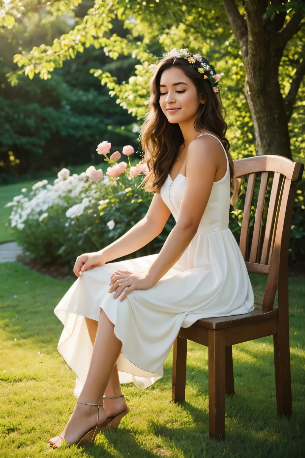 A young woman of radiant beauty, with a captivating smile, sits on a majestic wooden chair in the heart of a blooming garden. She wears a flowing, sunlit yellow dress that speaks of springtime, her arms gracefully cradling a vintage microphone. With her long, wavy chestnut hair cascading down her shoulders, she pours her soul into a melodic ballad, her eyes closed in deep concentration as if sharing an intimate secret with every note. A gentle breeze rustles the petals around her, creating a symphony of nature that harmonizes with her voice, painting a picture of pure magic and enchantment. Her hands, as perfect as the rest of her, sway