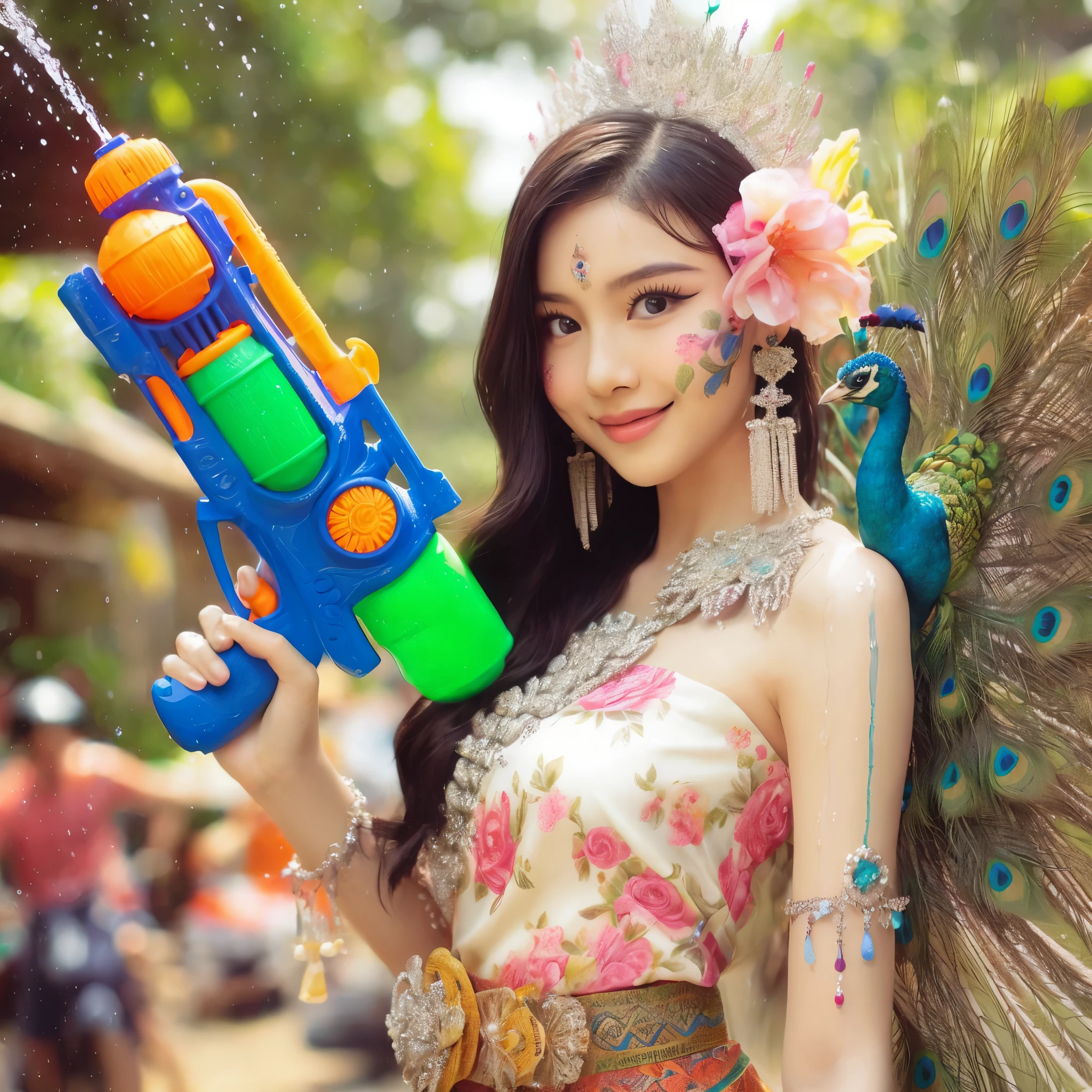 Create an image of a Thai girl wearing a floral Thai dress. Decorated with peacock tail Holding a large water gun together with a peacock looks beautiful. Having fun spraying water, standing shyly, getting wet, the scene is a Songkran festival in Thailand. There are groups of people splashing water having fun. Realistic images, spectacular images, beautiful lighting, wide angle images.