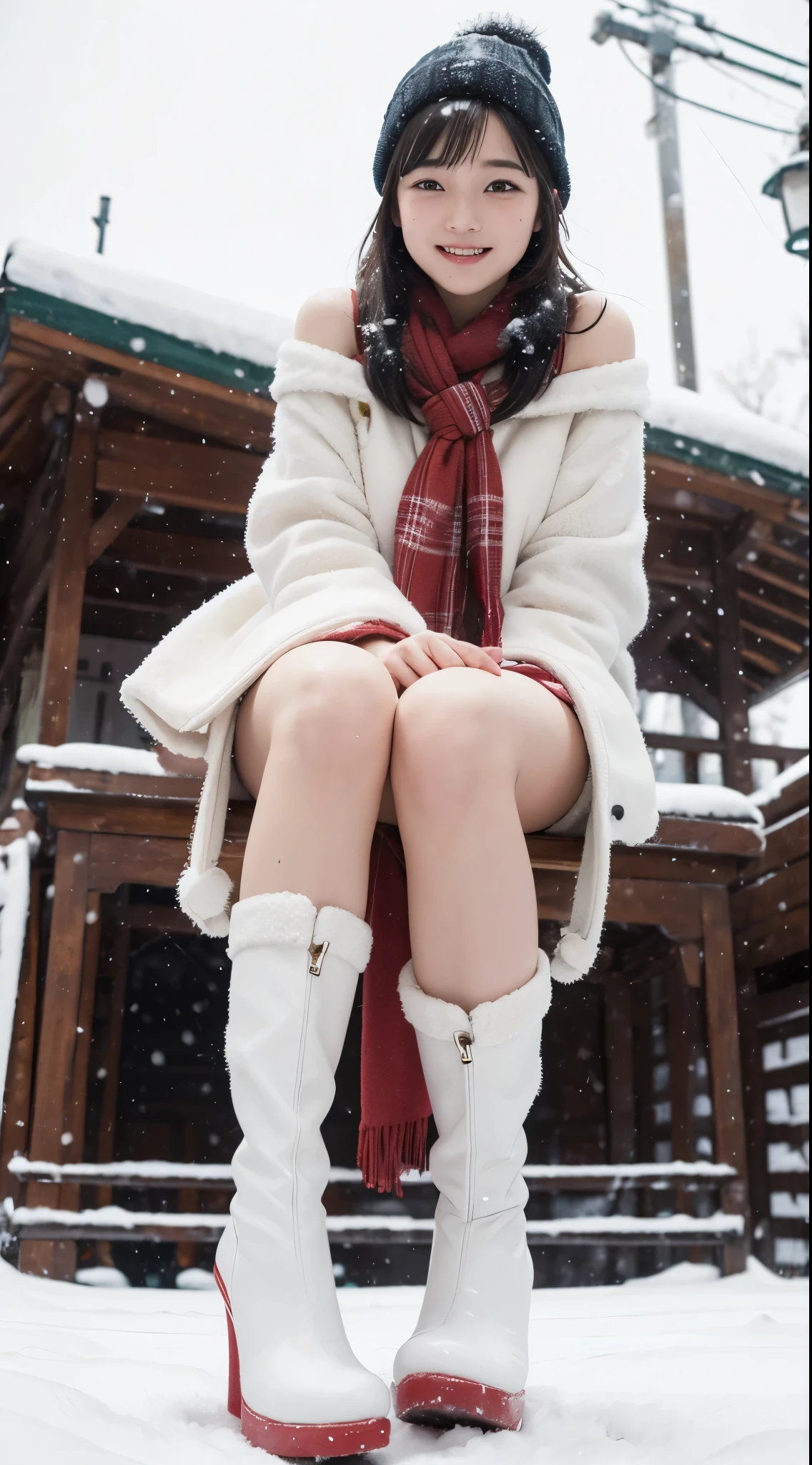 High resolution、one young girl、that'It's snowing lightly、In winter, we meet in front of the station.、make your cheeks red、White fluffy clothes、red muffler、brown haute boots、white breath、Angle from below the thigh、panties close up、spread your legs shoulder-width apart、Show your panties and smile evilly、(guy masturbates under girl'feet)、(penis)、(how)、(woman on top)