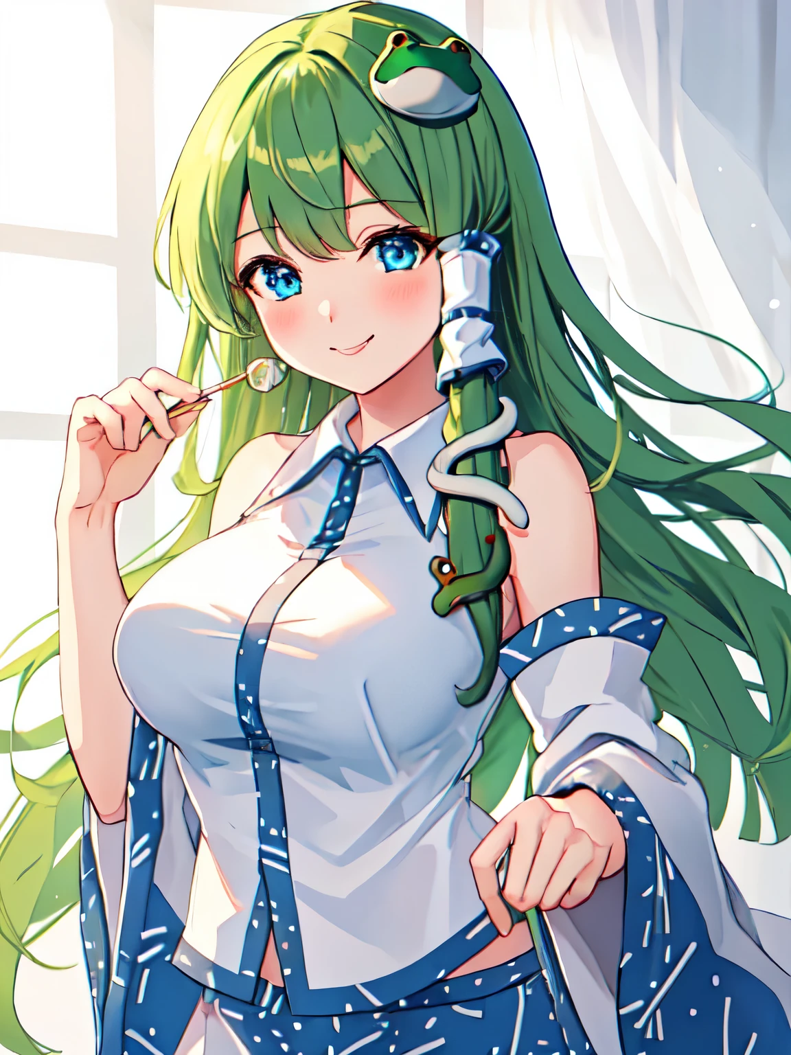 best quality, masterpiece, highres, solo, {kochiya_sanae_touhou:1.15}, green_hair, long_hair, hair_ornament, frog_hair_ornament, snake_hair_ornament, hair_tubes, blush, bangs, breasts, smile, green_eyes, upper_body, blue_eyes