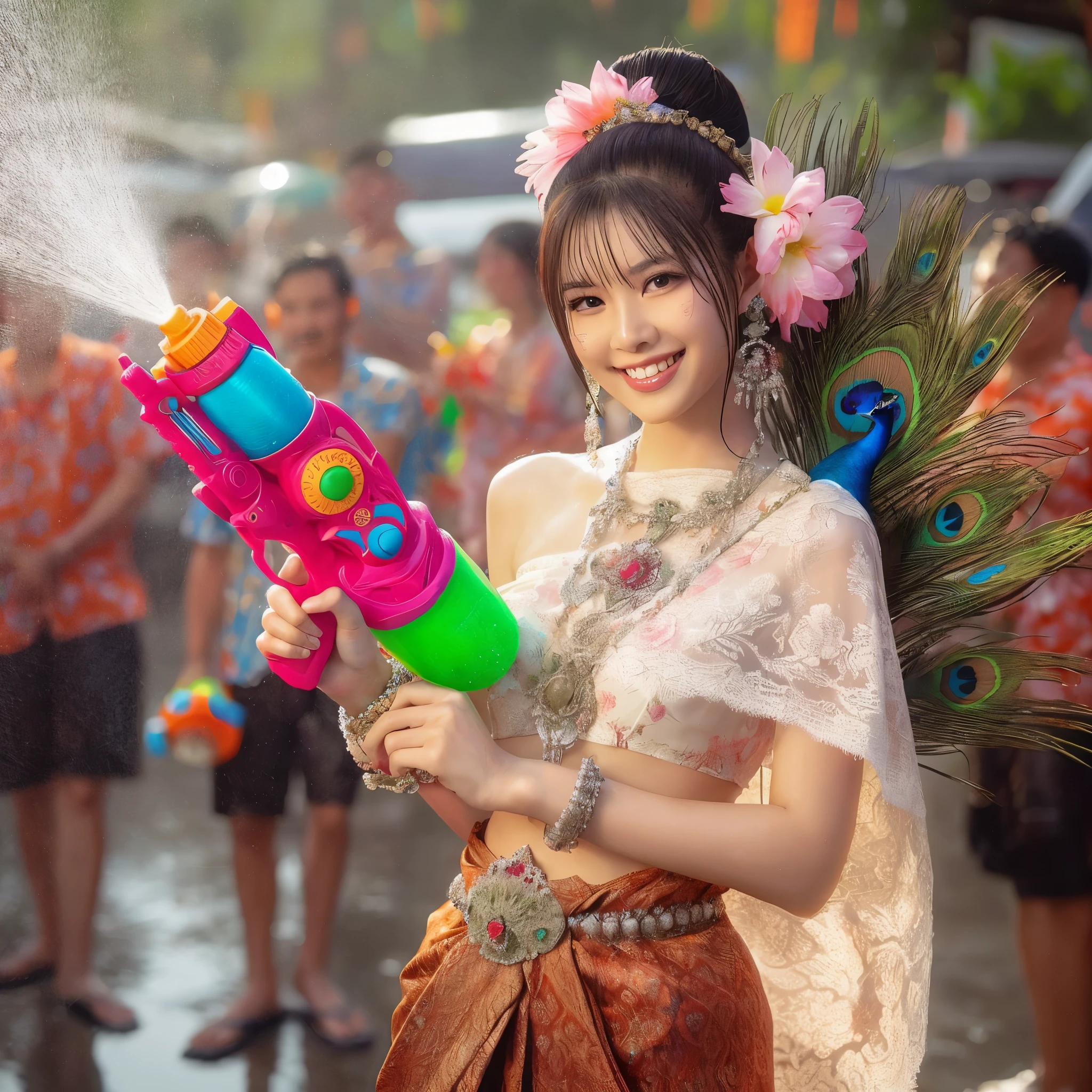 Create an image of a Thai girl wearing a floral Thai dress. Decorated with peacock tail Holding a large water gun together with a peacock looks beautiful. Having fun spraying water, standing shyly, getting wet, the scene is a Songkran festival in Thailand. There are groups of people splashing water having fun. Realistic images, spectacular images, beautiful lighting, wide angle images.