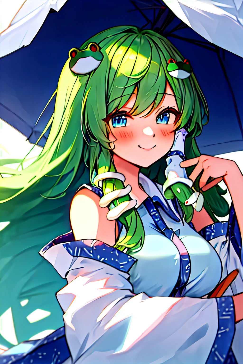 best quality, masterpiece, highres, solo, {kochiya_sanae_touhou:1.15}, green_hair, long_hair, hair_ornament, frog_hair_ornament, snake_hair_ornament, hair_tubes, blush, bangs, breasts, smile, green_eyes, upper_body, blue_eyes