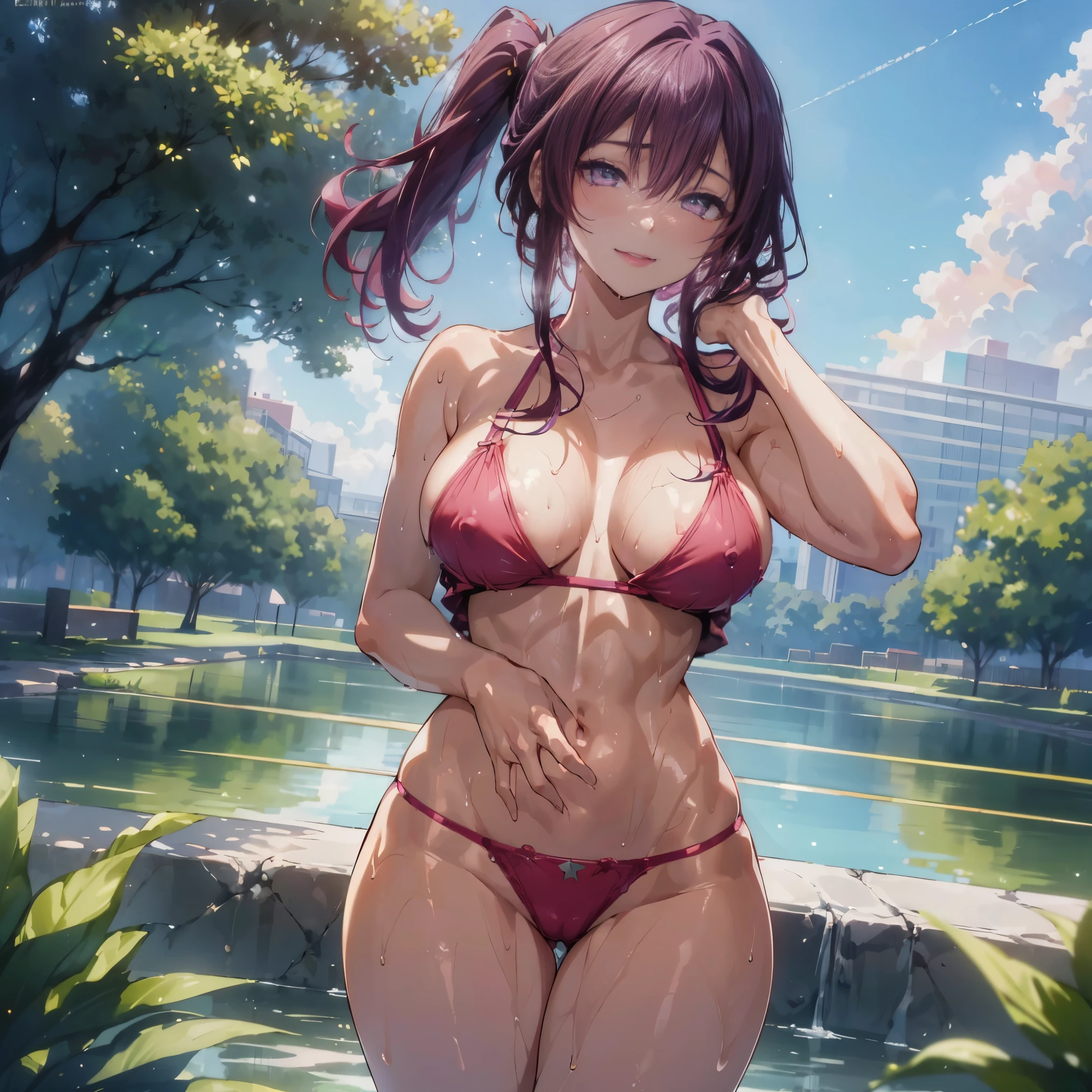 (masterpiece), (best quality), (ultra-detailed), (extremely detailed cg), (a extremely delicate), (perfect lighting), (8k), (dynamic angle), (sharp image), vibrant colors, female, masterpiece, best quality, depth of field, cinematic lighting, masterpiece, best quality, ultra-detailed, colorful, vibrant, large breasts, thighs, mature female, solo, (masterpiece, best quality, high resolution, animescreencap, anime colored,), (perfect anatomy, beautiful detailed eyes, beautiful detailed body, beautiful chest, shiny skin), 1girl, a sexy anime lady is standing outside wearing sexy underwear , ((pink underwear)) , outdoors, grass, sky, clouds, sun, purple hair, side bangs, hair between eyes, long hair, ((ponytail)) , large chest,smiling, purple eyes, anime eyes,armpits, glasses in hair l, looking at viewer, ((wet skin)),((outdoors)), (( super sweaty skin)) , navel, looking from down below, legs open, body abs,star-kafka, eyewear on head, purple hair, sunglasses,hair between eyes