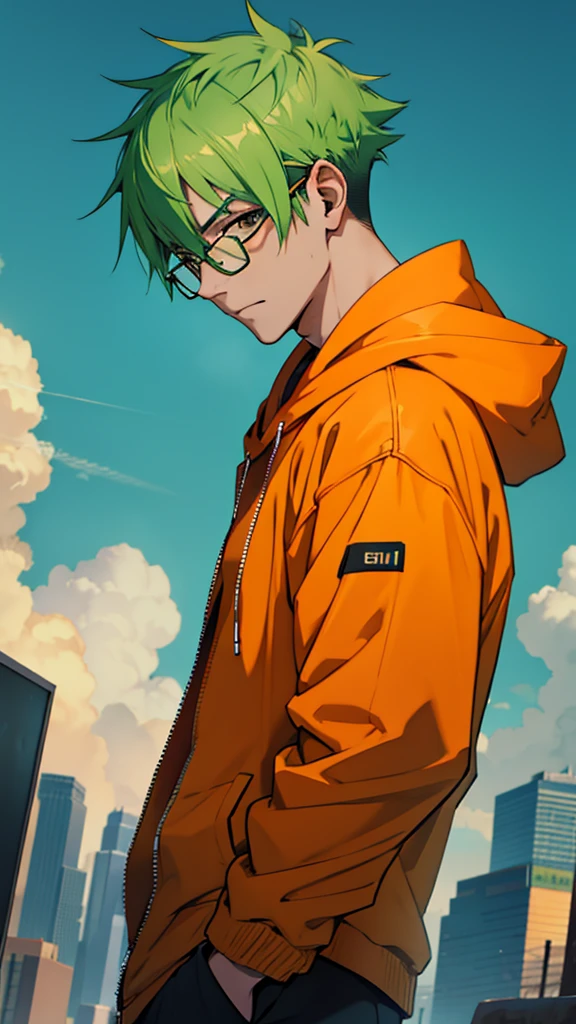 green hair, bespectacled, male, one person, Orange Hoodie, orange jacket, get depressed, anime, UHD, 8k