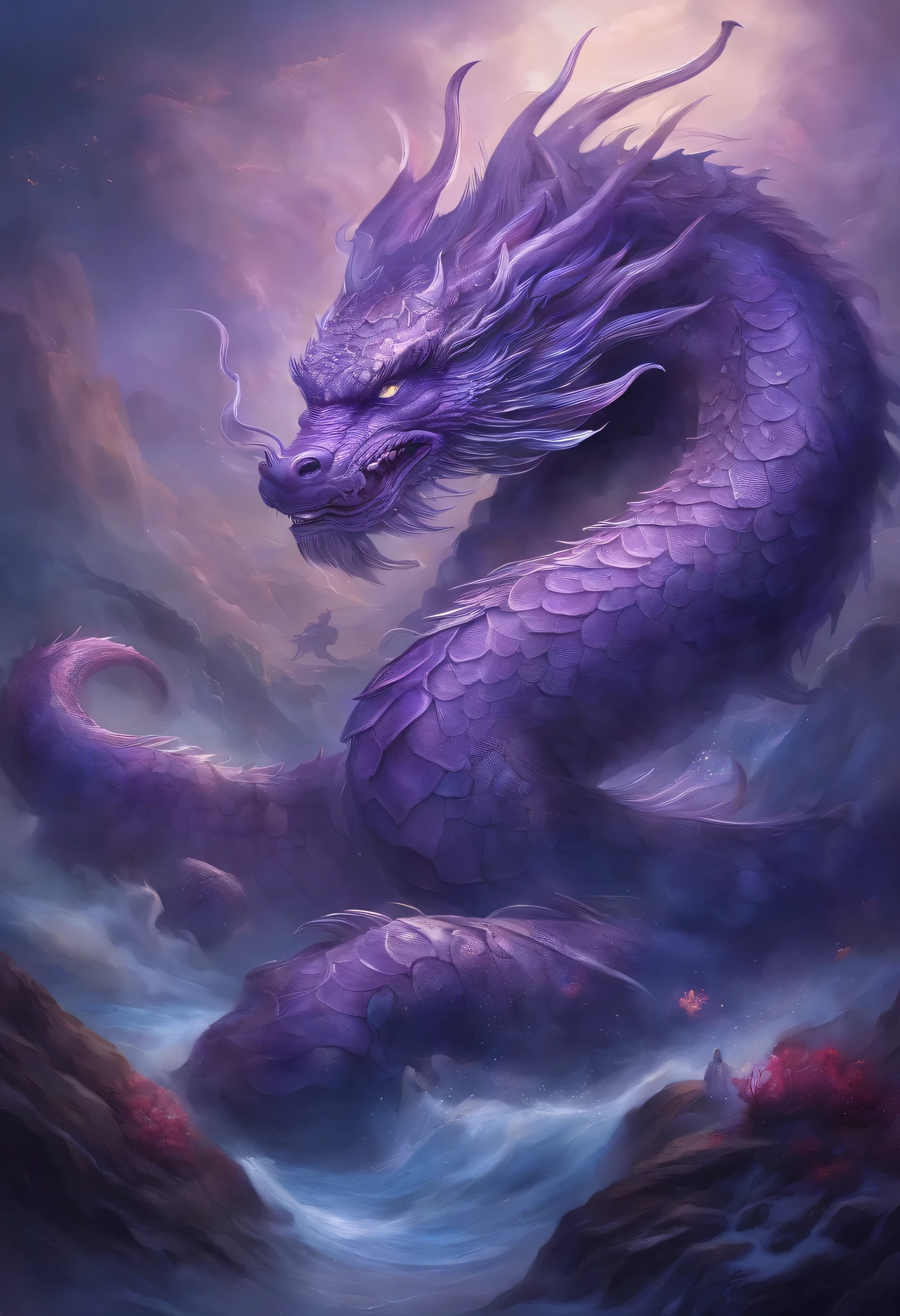 浮世绘风格 ocean报设计中的图形是purple, 水墨画中的中国dragonturtle, 和dragon的组合, purple, as water god, 生活在北ocean, 控制ocean上雷暴, an ancient Chinese god, turtle, dragon, ocean, Stone, super sharp,Details are presented realistically,Xiangyun, depth of field, divine thunder, fantasy coloring, , Decorative Arts, stunning lighting, depth of field浅意, shiny, divine light, Ray tracing, super wide angle, First-person perspective,top down , width, ultra high definition, high quality, Very detailed, textured skin, best quality