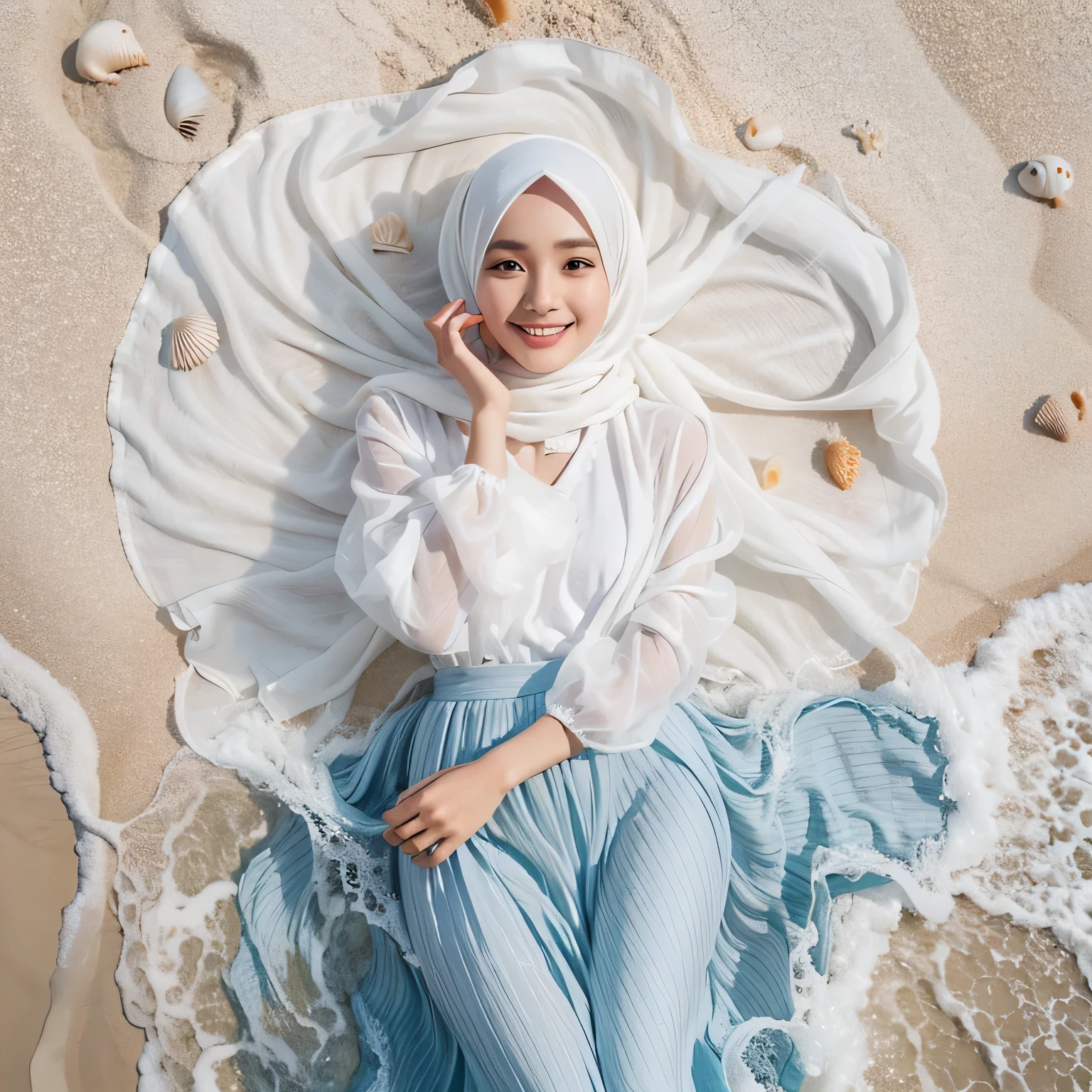 TYPE : Beauty Photography
THEME : Natural
RACE : Indonesian, young
PERSON 1 : Early 20s, woman hijab
SCENE : outdoor , a woman is lying on White sand beach , body and hair covered by sea waves, lie up , open eyes , smile , cute expression , surrounded by white sand and sea water, small shells. The person is wearing a white blouse and a light blue long skirt that full covers her legs, and their white hijab is spread out around them. , half body view , water effect , water splash
PROPS: white sand and sea water, small shells , long full closed skirt, white hijab made from shifon fabric
CAMERA : photographed using an Canon eos 90d DSLR camera with 18-135mm lens
, best preset lighting , skin texture , detailed face ,
ANGLE : angled from sky ,High Dynamic Range (HDR) shot , rule of third
adjust the gesture as in the example image