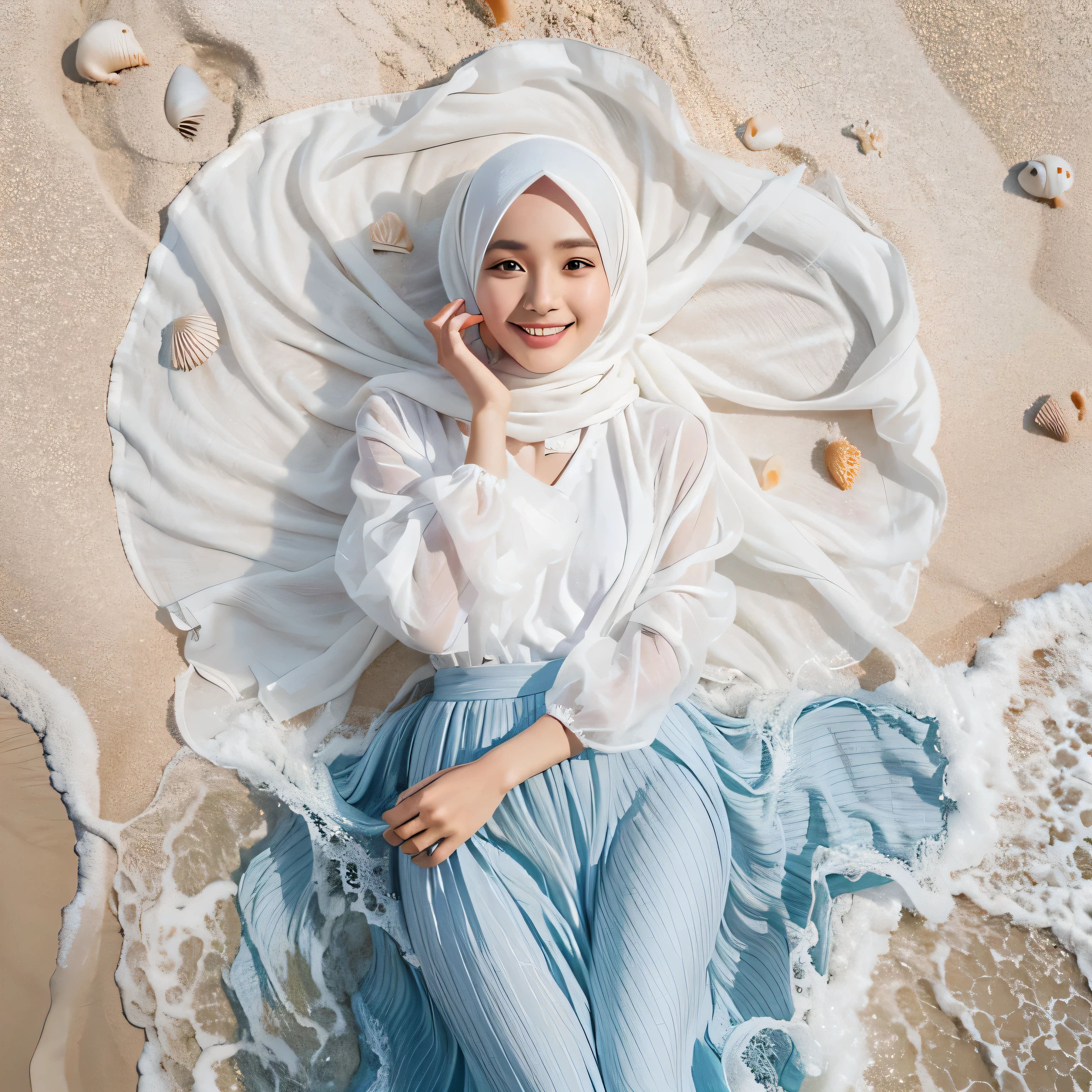 TYPE : Beauty Photography
THEME : Natural 
RACE : Indonesian, young
PERSON 1 : Early 20s, woman hijab
SCENE : outdoor , a woman is lying on White sand beach , body and hair covered by sea waves, lie up , open eyes , smile , cute expression , surrounded by white sand and sea water, small shells. The person is wearing a white blouse and a light blue long skirt that full covers her legs, and their white hijab is spread out around them. , half body view , water effect , water splash
PROPS: white sand and sea water, small shells , long full closed skirt, white hijab made from shifon fabric
CAMERA : photographed using an Canon eos 90d DSLR camera with 18-135mm lens
, best preset lighting , skin texture , detailed face , 
ANGLE : angled from sky ,High Dynamic Range (HDR) shot , rule of third
adjust the gesture as in the example image