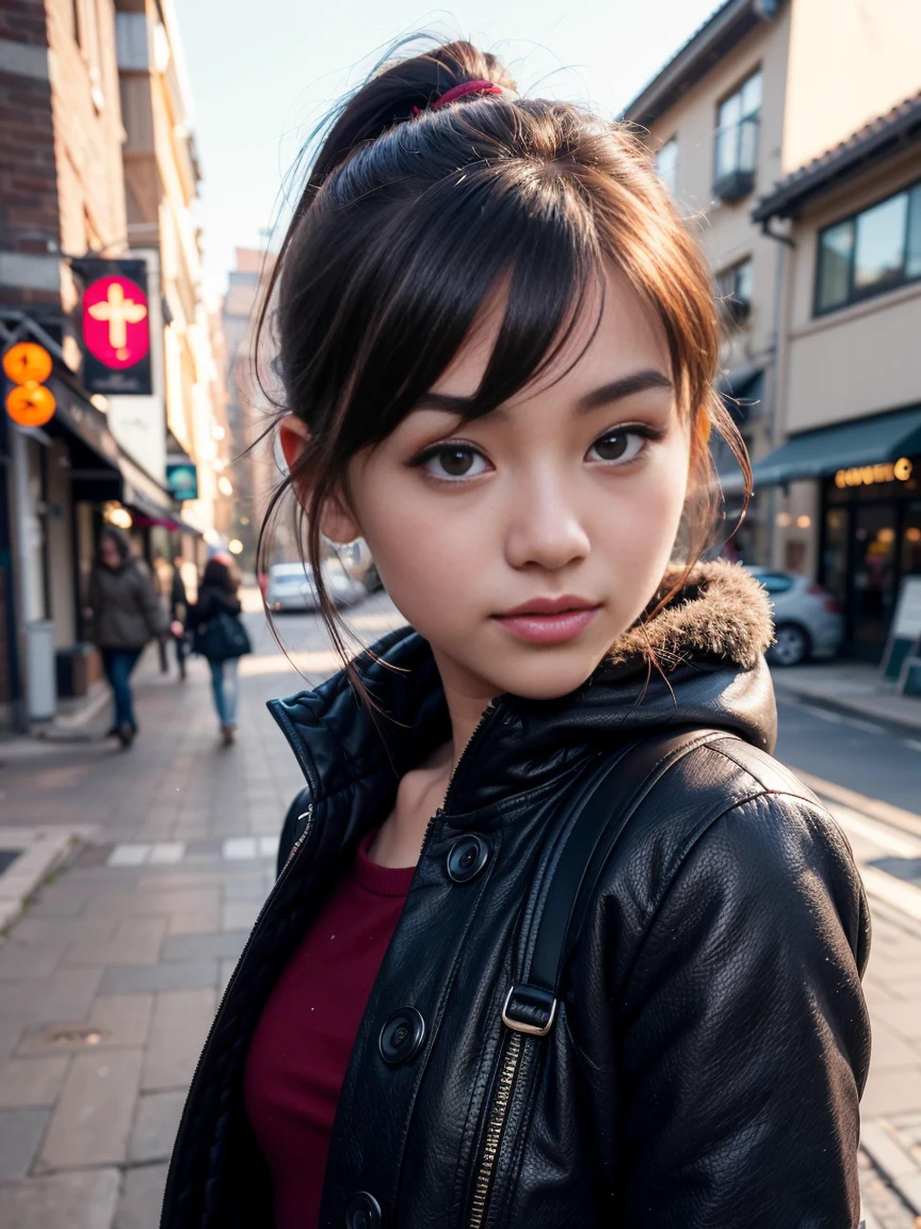 14 years old, small breasts, winter, european cityscape, night, outdoors, wearing a long coat, wearing jeans, close up of face, ((8k, RAW photo, highest quality, debris flies:1.2), (reality, reality的な:1.4), (Highly detailed 8k wallpaper), soft light, Details beauty eye, Shiny and smooth light brown ponytail, shiny skin, super dense skin, High resolution, detailed hairstyle, detailed beauty face, hyper real, perfect limbs, perfect anatomy, 1 Japanese girl, perfect female body, shy smile, short eyelashes, double eyelid, Hair style is ponytail, Realistic Red Sotheby Girl Photo, short bob cut, nude, Backpack, censored