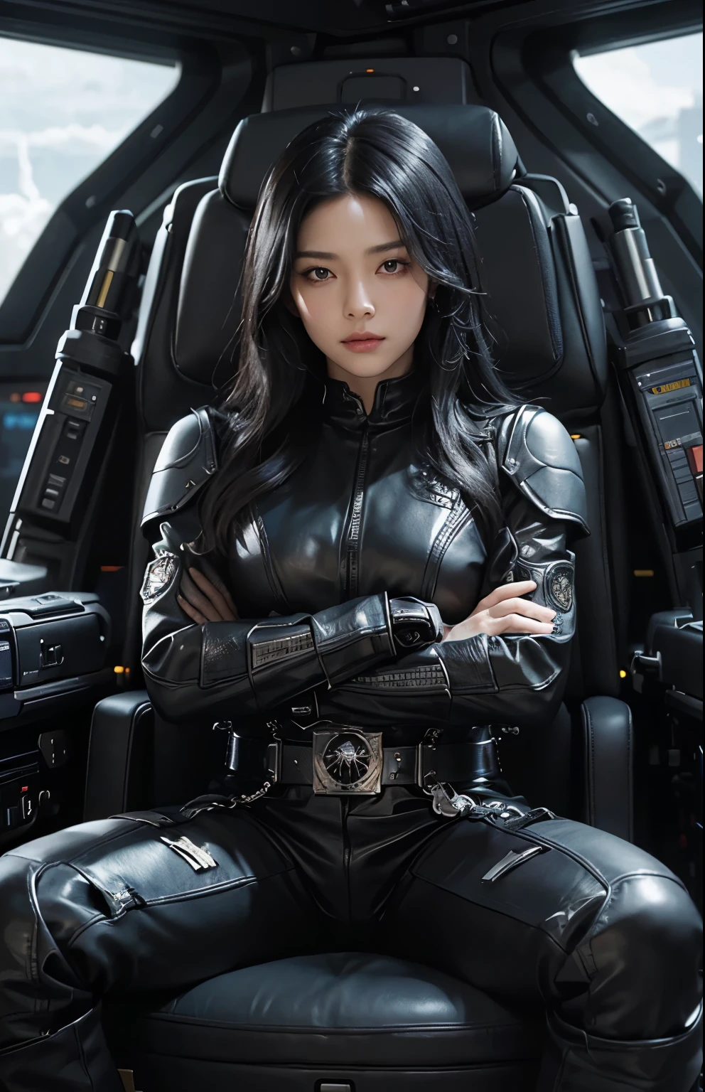 A beautiful woman is sitting in the command seat of a space battleship with her arms folded. The command seat is covered in leather and has a very luxurious structure. The woman has black hair and wears black metallic combat uniform. On his waist is something reminiscent of Kamen Rider's transformation belt. The woman's age is twenty-five.