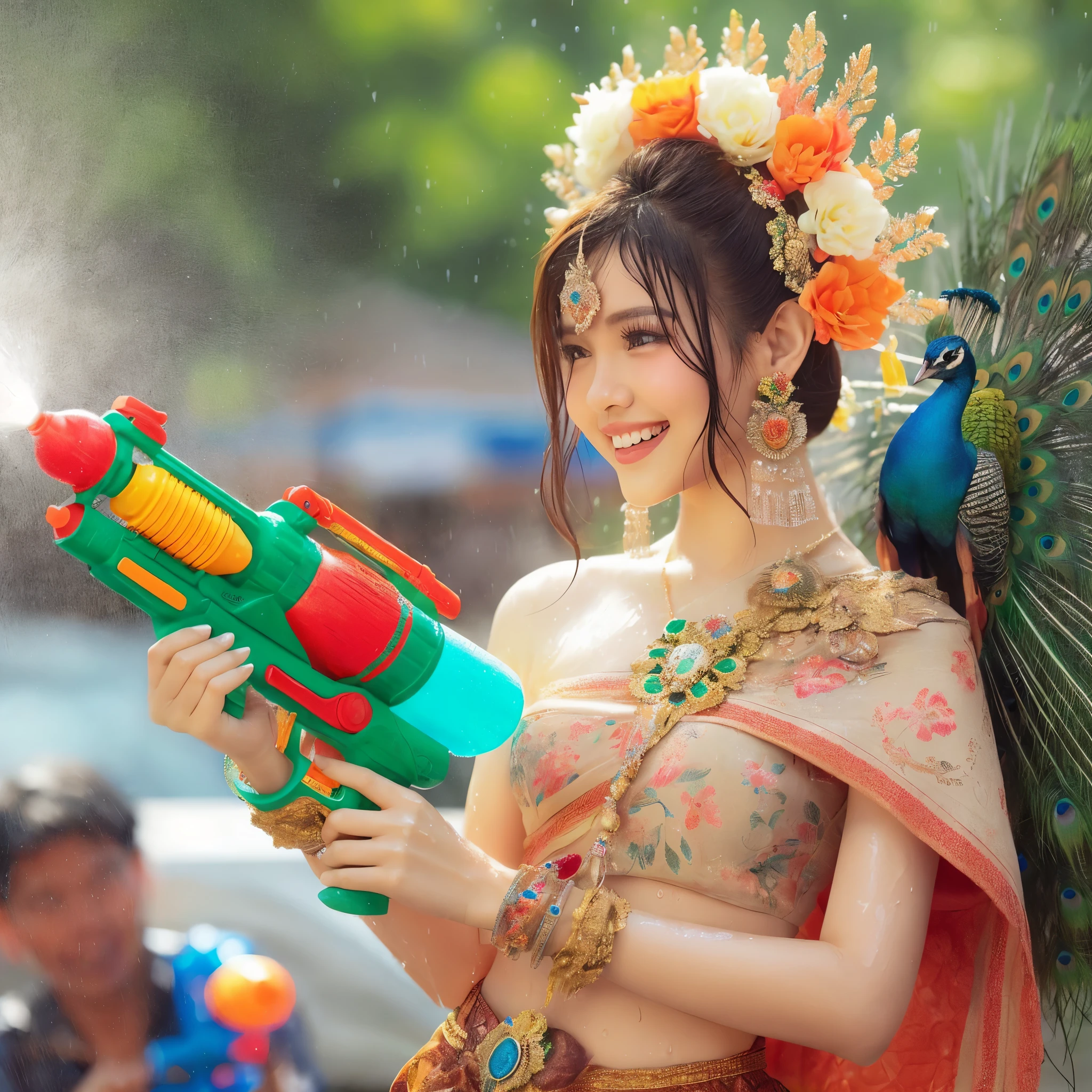 Create an image of a Thai girl wearing a floral Thai dress. Decorated with peacock tail Holding a large water gun together with a peacock looks beautiful. Having fun spraying water, standing shyly, getting wet, the scene is a Songkran festival in Thailand. There are groups of people splashing water having fun. Realistic images, spectacular images, beautiful lighting, wide angle images.