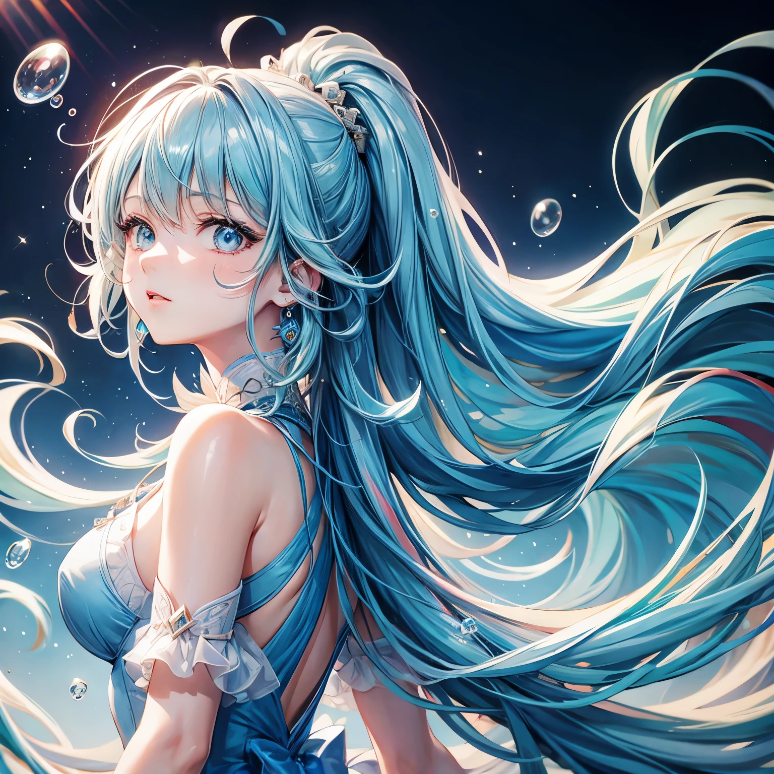 (masterpiece), (best quality), (Super detailed),(disheveled hair),(illustration), (1 girl), (fashion clothing), Permanently installed, fashion model, looking at the audience, (interview), (simple background),Beautiful and delicate eyes, Exquisite and beautiful face, floating,(high saturation),(colorful splash),Colorful bubbles,(Shiny), focus on face, ponytail, Ayaka Kamisato, light blue hair, Bangs, hair ring, floating花朵, floating hair, (Shiny), best lighting, best shadow,