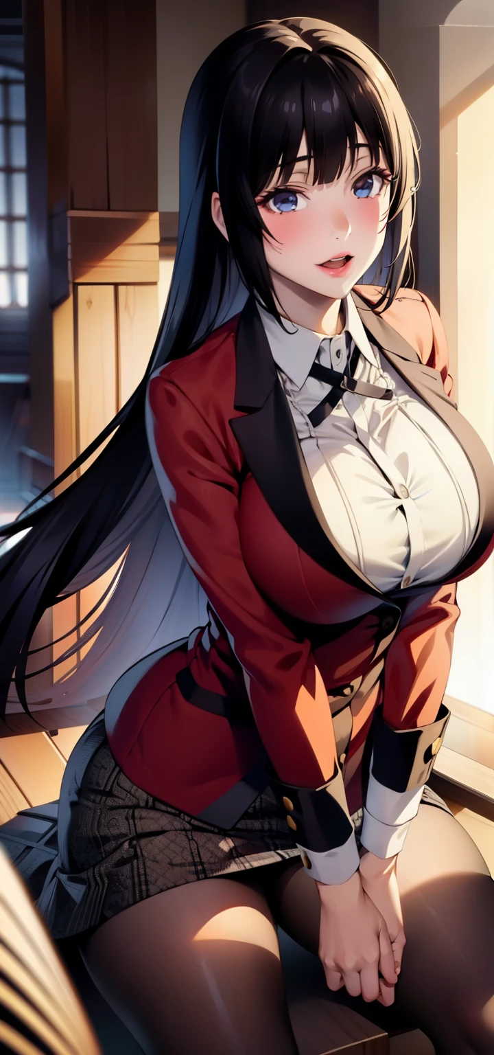 Yumeko Jabami , 1 female，long legs, thin waist， photo exposure， solo,((school uniform, Red blazer with black trim on cuffs and collar lining, White button-up dress shirt and black tie, Black and gray plaid miniskirt, black tights, and brown loafers ))，Seen from the front， （Highly detailed CG integrated 8k wallpaper），highest quality，movie lighting，Detailed background，beautiful eyes，（very delicate and beautiful），（Beautiful and detailed eye depiction），red lip，skin as white as snow,towards the camera，High resolution，super detailed，big breasts，，towards the camera，Front audience: 1 female，18-year-old，Seen from the front，（Highly detailed CG integrated 8k wallpaper），highest quality at best，movie lighting，Detailed background，beautiful and delicate eyes，（very delicate and beautiful），（Beautiful and detailed eye depiction），super detailed，master piece，towards the camera，High resolution，super detailed，camel&#39;s toe color，towards the camera