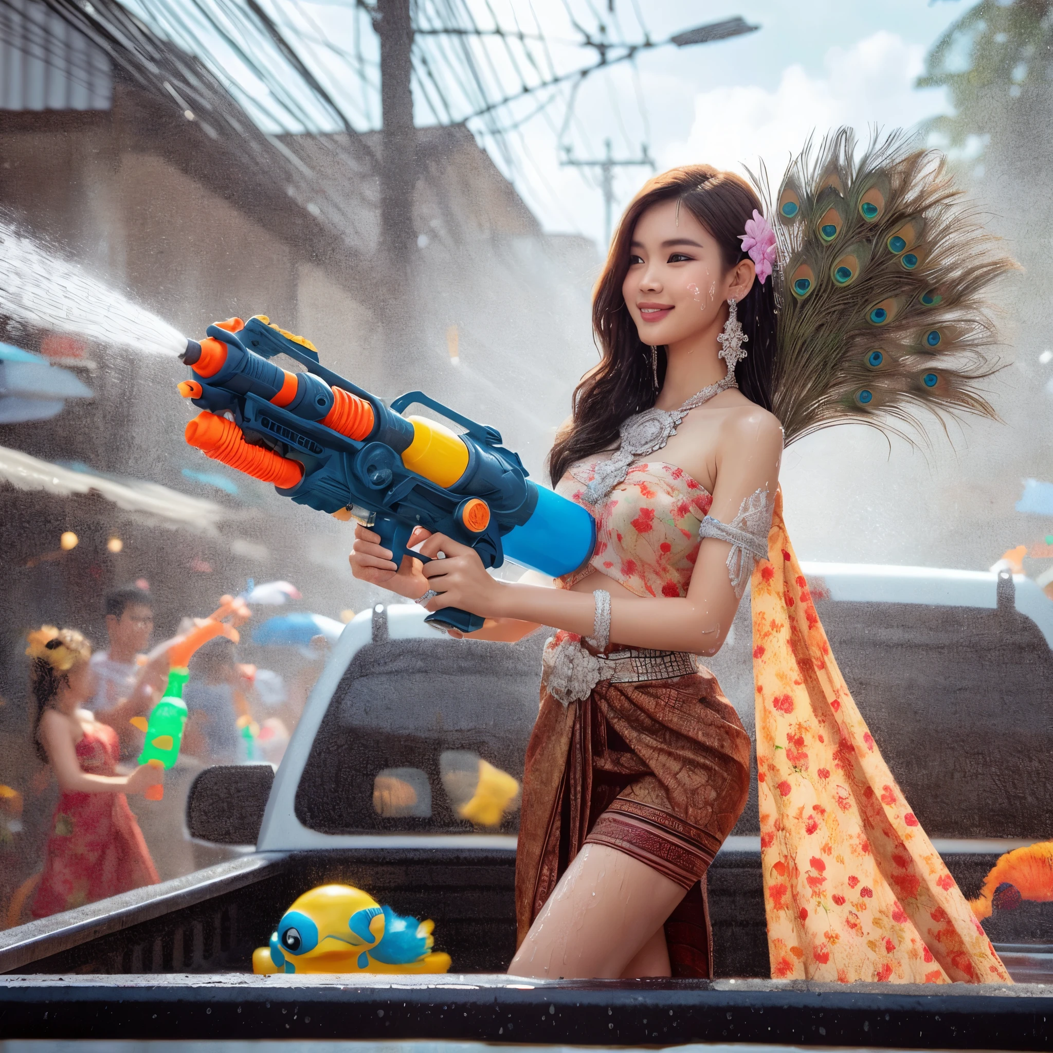 Create an image of a Thai girl wearing a floral Thai dress. Decorated with peacock tail Holding a large water gun together with a peacock looks beautiful. Having fun spraying water, standing shyly, getting wet, the scene is a Songkran festival in Thailand. There are groups of people splashing water having fun. Realistic images, spectacular images, beautiful lighting, wide angle images.