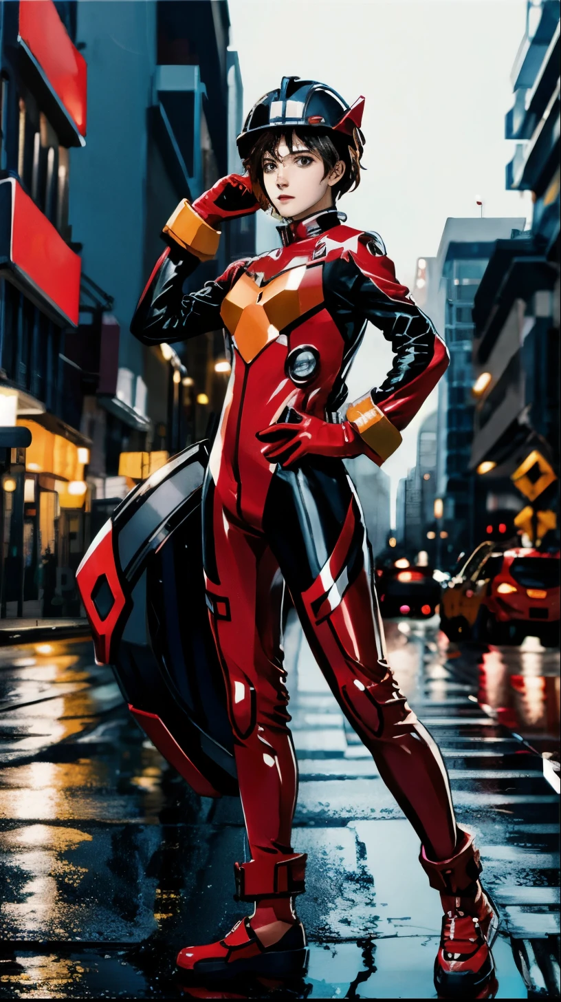 Pest control, man, best quality, masterpiece, realistic, photorealistic, 1 boy, solo, looking at viewer, full body, standing,hard hat, cosplay costume, cosplay, plugsuit, bodysuit, hair ornament, detailed background, in street, night, light, rain,