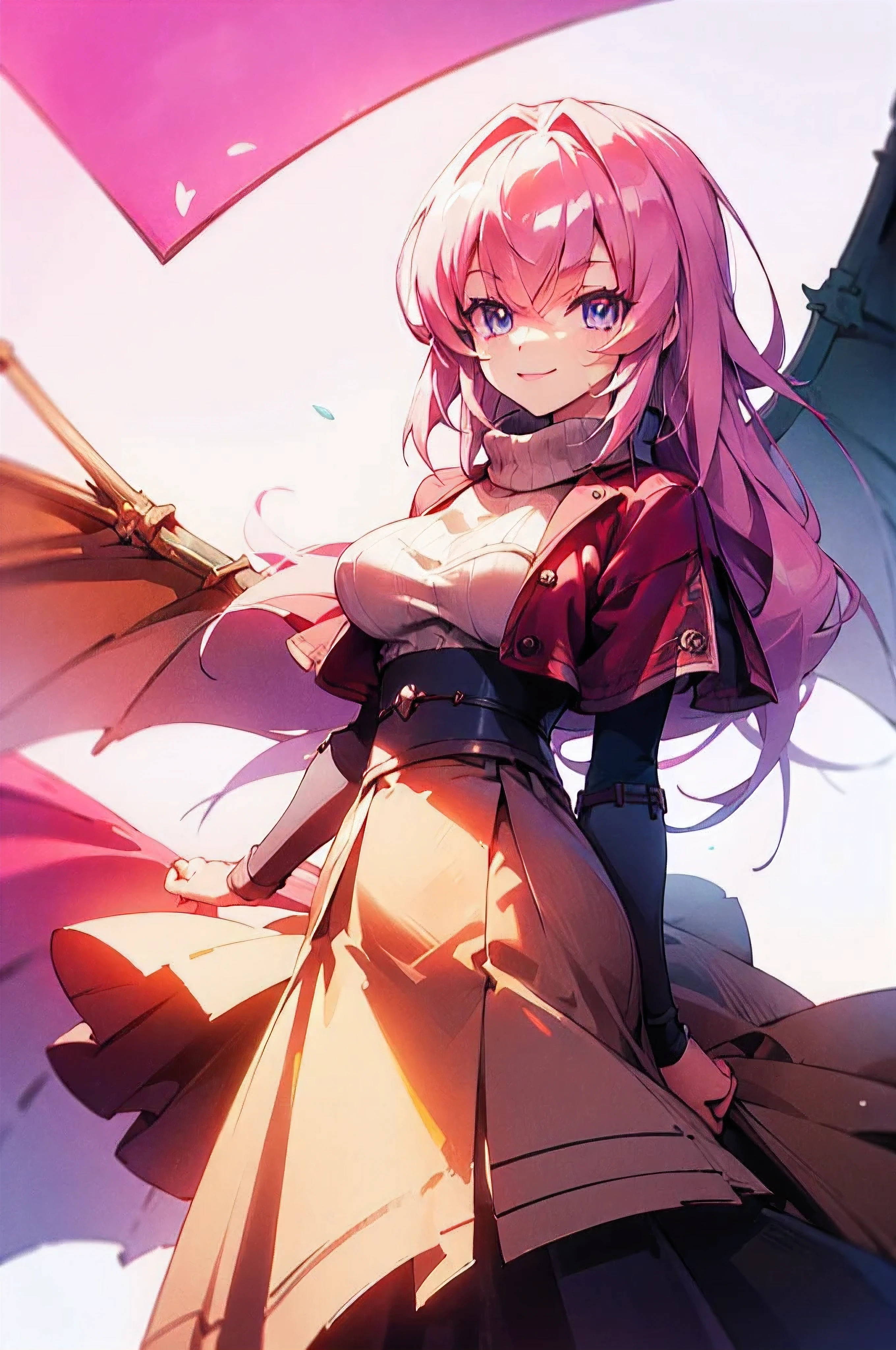 (Best quality, 8k, 32k, Masterpiece, UHD:1.2),Photo of a half dragon with pink hair and pink eyes wearing a long skirt , smiling ,she has pink wings (oversized_sweater,:1.1),epic background, looking at viewer