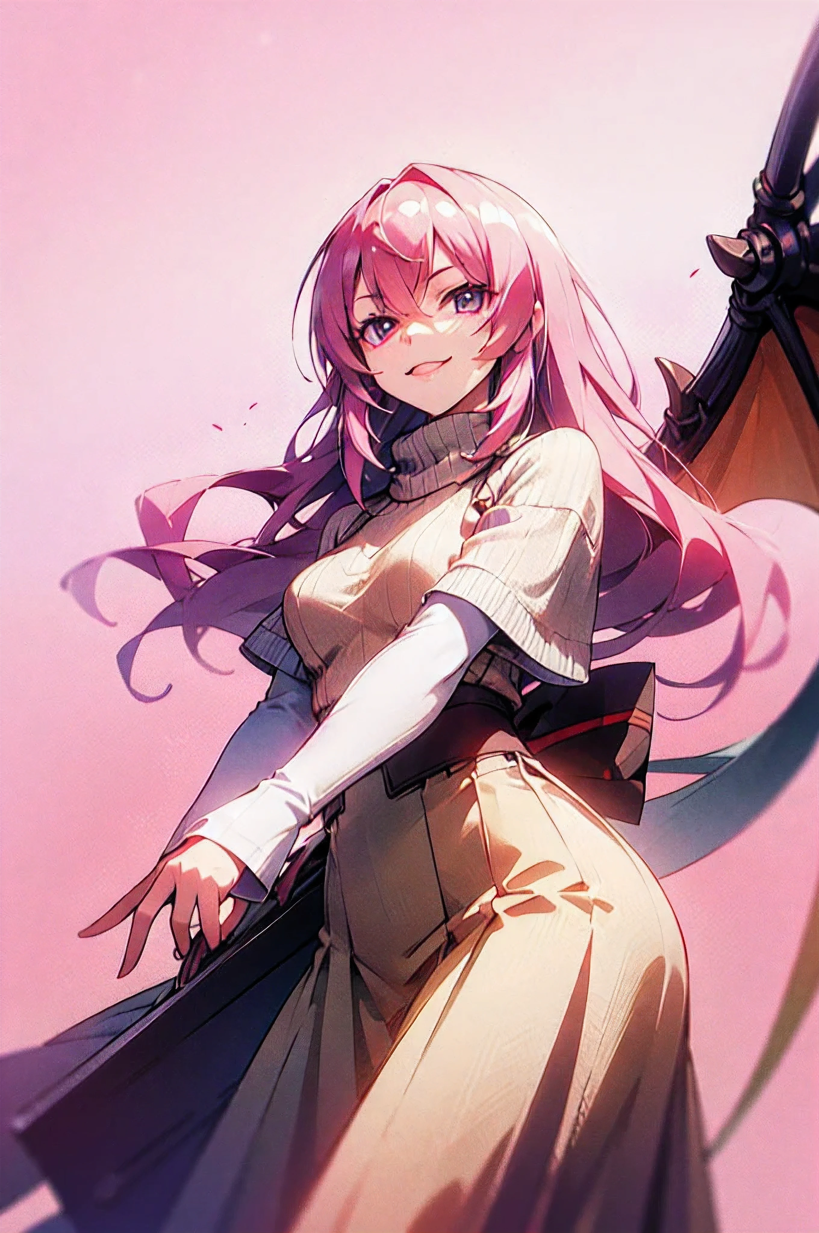 (Best quality, 8k, 32k, Masterpiece, UHD:1.2),Photo of a half dragon with pink hair and pink eyes wearing a long skirt , smiling ,she has pink wings (oversized_sweater,:1.1),epic background, looking at viewer