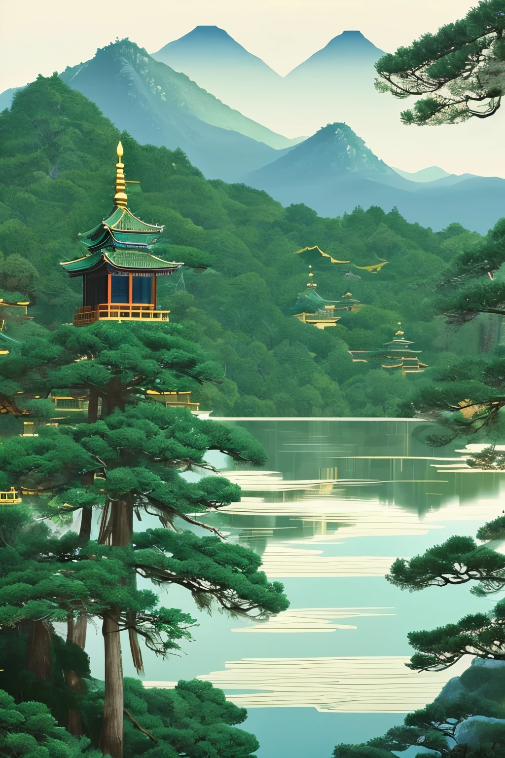 Greenish-blue mountain and water scenery, pine and cypress trees adorned with dew, serene temple nestled among the trees, intricate cloud patterns blanketing the sky in a Chinese style, golden foil outline adding a touch of elegance, flat illustration design for a digital art piece with an aspect ratio of 3:4 and a version number of 6.0.