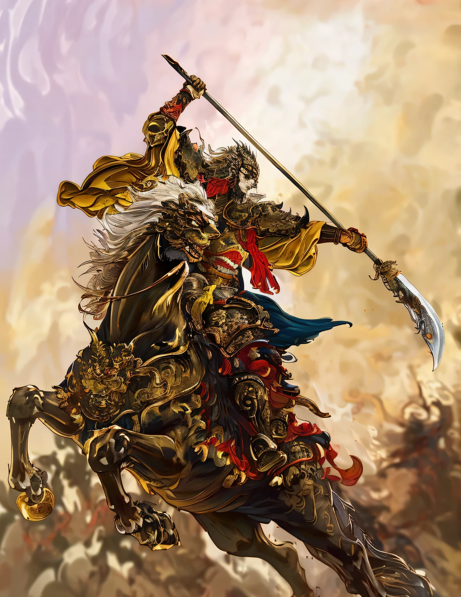 ((Unreal Engine 5)), Photorealistic rendering, Excellent, (Full set of samurai armor), (Cuirassiers), (Cloak), (Samurai at the helm), looking at camera, standing in the studio, General of the Three Kingdoms, Huang Zhong, Riding a war horse,Wearing golden armor,Yellow and black robe,Holding a silver-gold gleaming knife in his hand,There is a tremor in the waist,Powerful close-up photo, Epic full color illustrations, Inspired by Li Kan, This is a warlord, Inspired by Chen Danqing, Feeling comes from Chen Quan, Inspired by Hu Zaobin, Inspired by Zhu Derun, Inspired by Huang Shen, Inspired by Li Rongjin, Inspired by Shen Zhou,Inspired by Lu Zhi, author:Yoon Doo-seop,